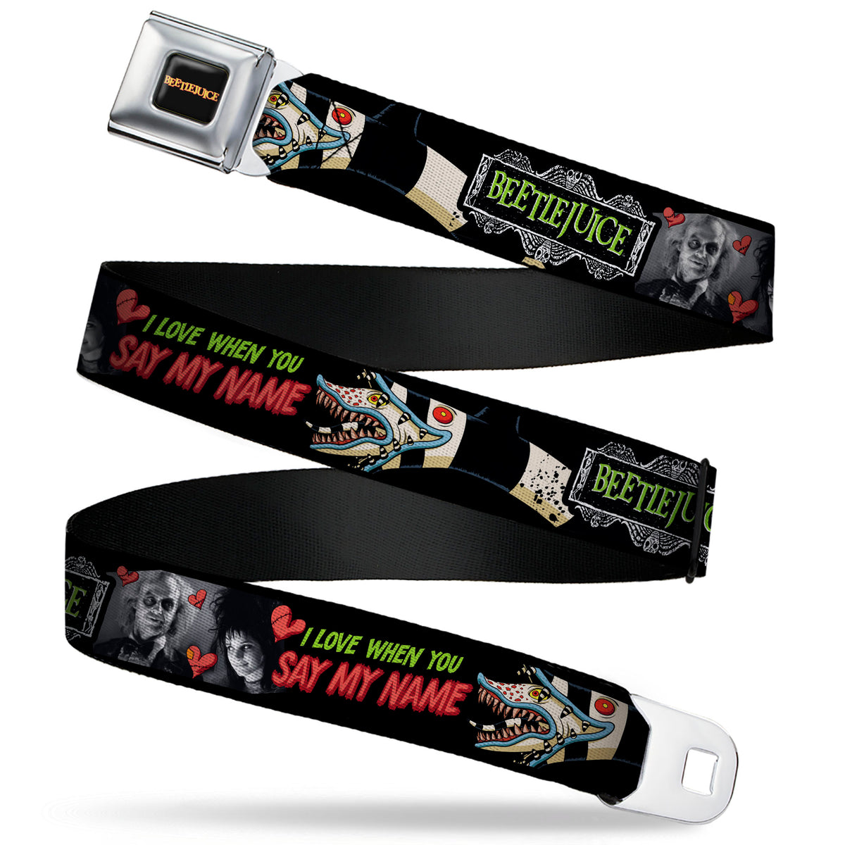 BEETLEJUICE Title Logo Full Color Black/Yellow Seatbelt Belt - BEETLEJUICE I LOVE WHEN YOU SAY MY NAME Poses and Sandworm Black Webbing Seatbelt Belts Beetlejuice