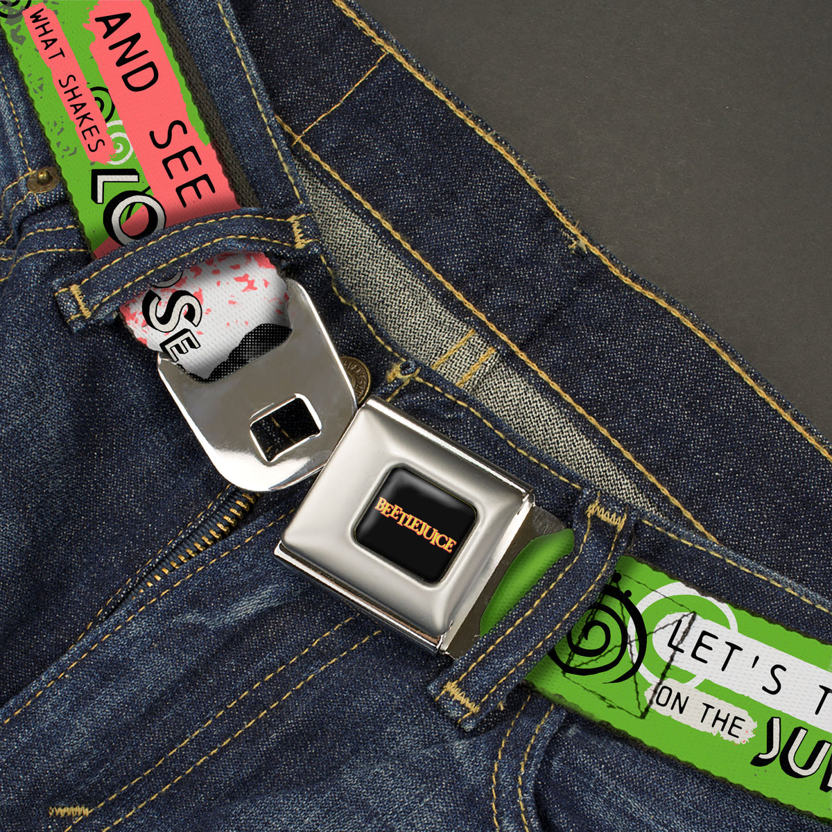 BEETLEJUICE Title Logo Full Color Black/Yellow Seatbelt Belt - BEETLEJUICE Face and Quotes Collage Pink/Green/Black Webbing Seatbelt Belts Beetlejuice