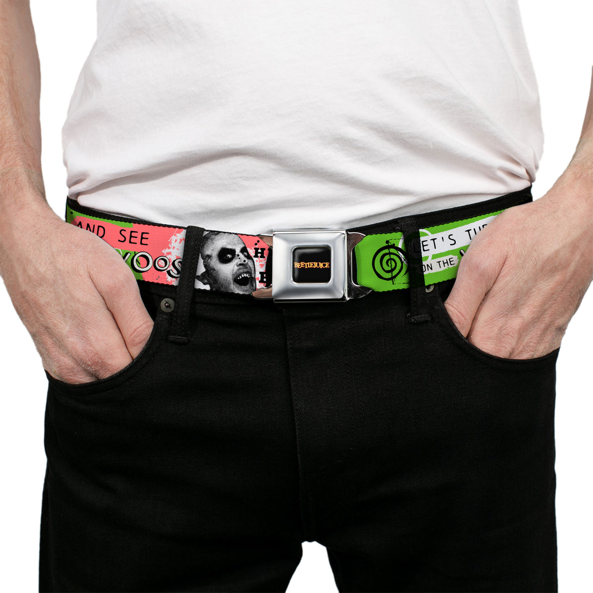 BEETLEJUICE Title Logo Full Color Black/Yellow Seatbelt Belt - BEETLEJUICE Face and Quotes Collage Pink/Green/Black Webbing Seatbelt Belts Beetlejuice
