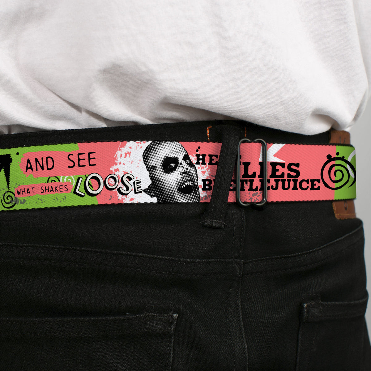 BEETLEJUICE Title Logo Full Color Black/Yellow Seatbelt Belt - BEETLEJUICE Face and Quotes Collage Pink/Green/Black Webbing Seatbelt Belts Beetlejuice