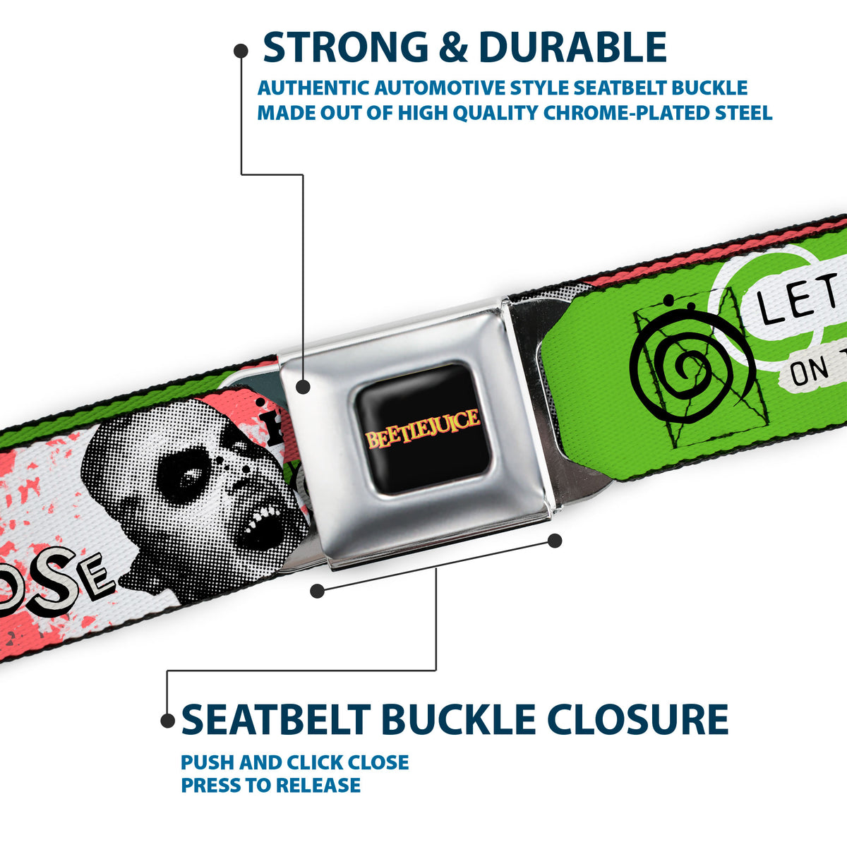 BEETLEJUICE Title Logo Full Color Black/Yellow Seatbelt Belt - BEETLEJUICE Face and Quotes Collage Pink/Green/Black Webbing Seatbelt Belts Beetlejuice