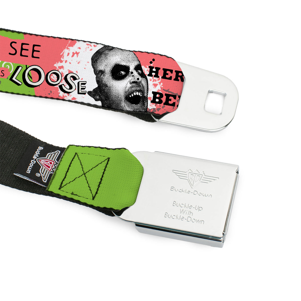 BEETLEJUICE Title Logo Full Color Black/Yellow Seatbelt Belt - BEETLEJUICE Face and Quotes Collage Pink/Green/Black Webbing Seatbelt Belts Beetlejuice