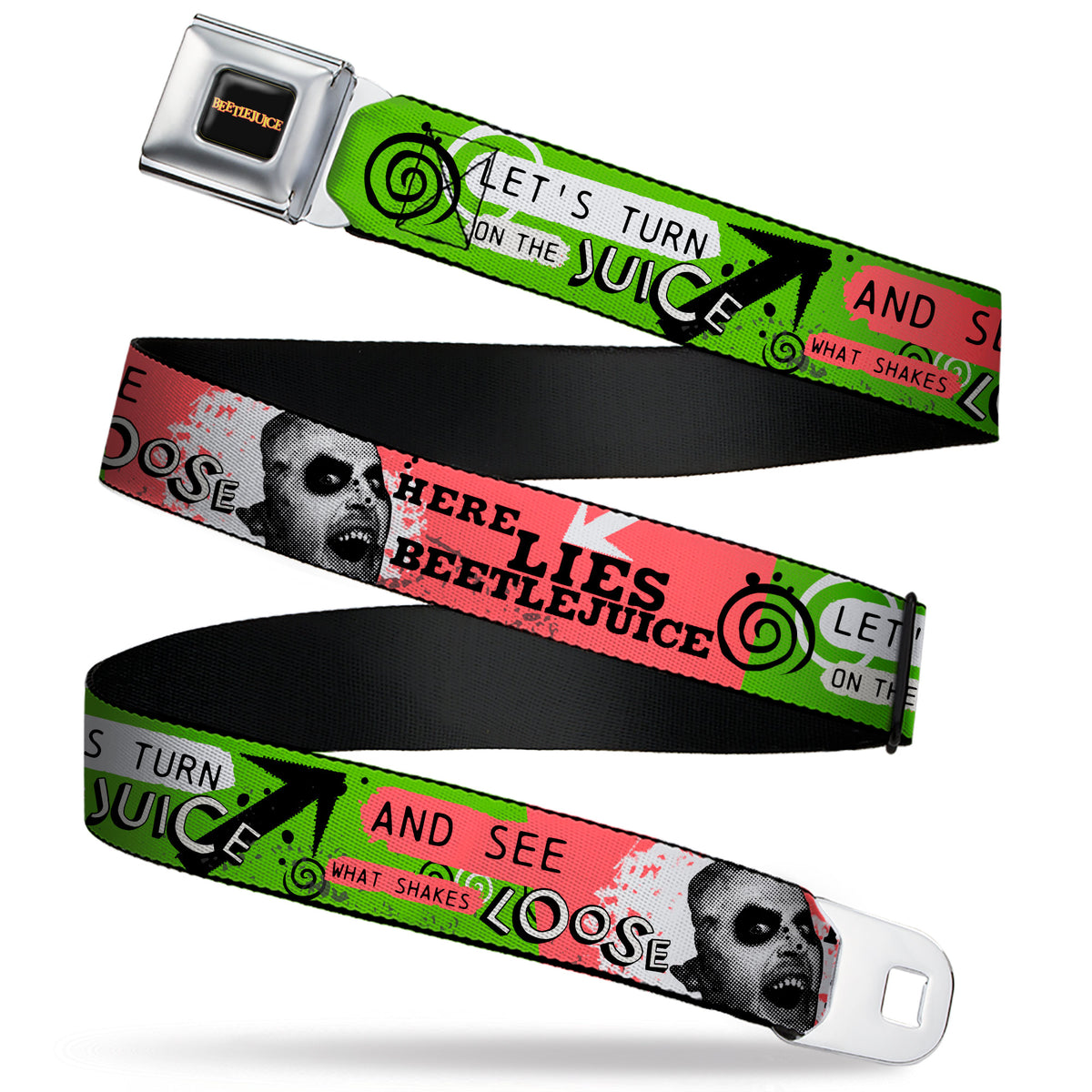 BEETLEJUICE Title Logo Full Color Black/Yellow Seatbelt Belt - BEETLEJUICE Face and Quotes Collage Pink/Green/Black Webbing Seatbelt Belts Beetlejuice