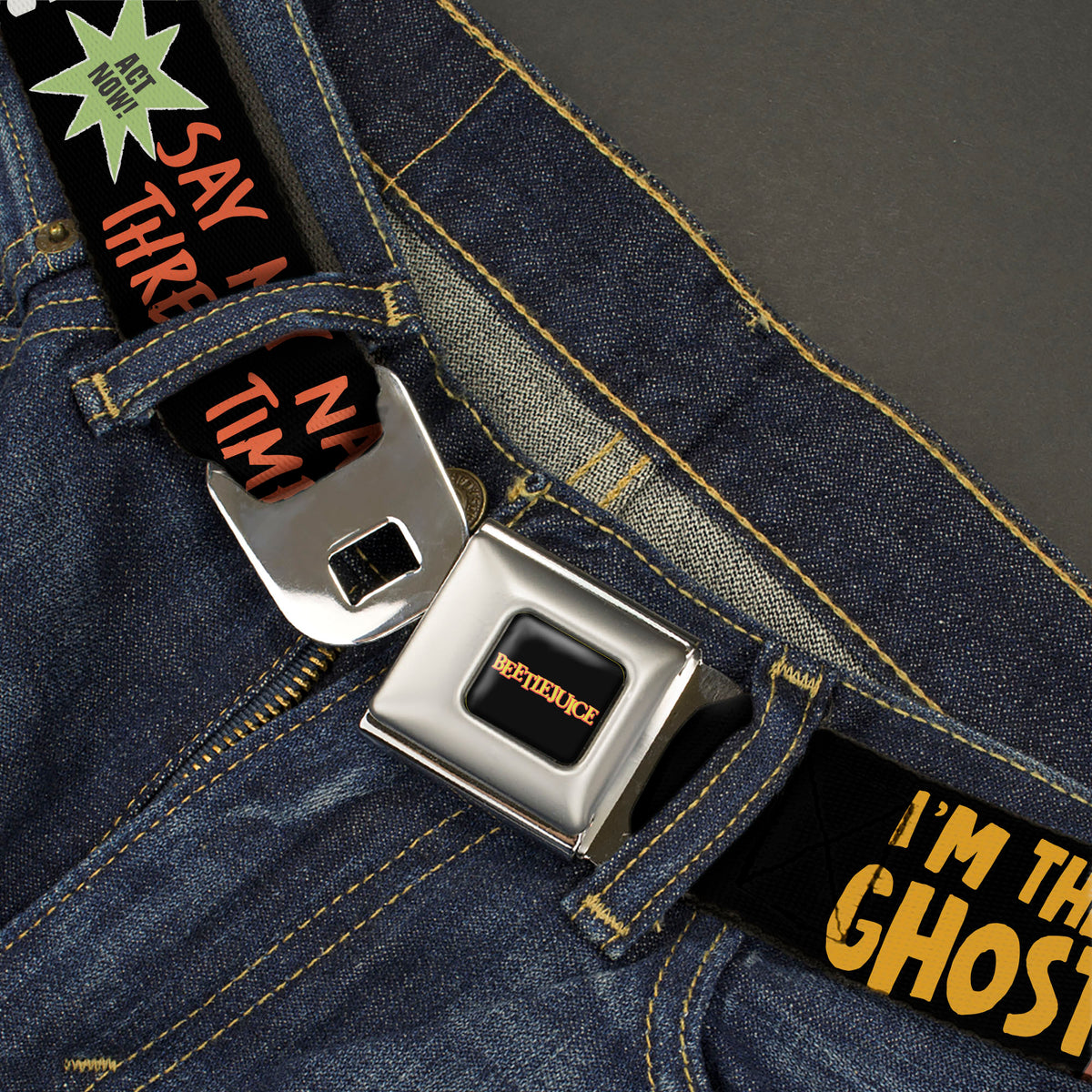 BEETLEJUICE Title Logo Full Color Black/Yellow Seatbelt Belt - BEETLEJUICE Cartoon Quotes and Scene Black/Multi Color Webbing Seatbelt Belts Beetlejuice