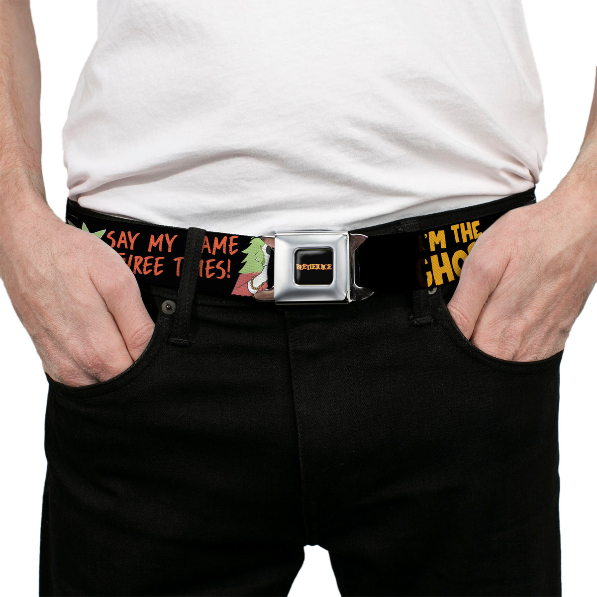 BEETLEJUICE Title Logo Full Color Black/Yellow Seatbelt Belt - BEETLEJUICE Cartoon Quotes and Scene Black/Multi Color Webbing Seatbelt Belts Beetlejuice