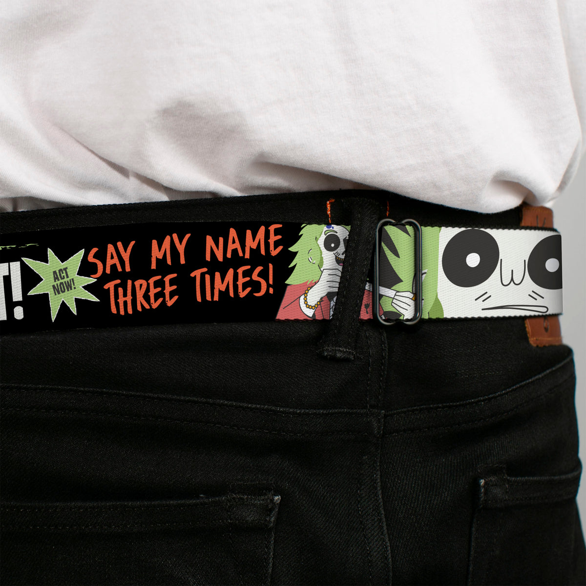 BEETLEJUICE Title Logo Full Color Black/Yellow Seatbelt Belt - BEETLEJUICE Cartoon Quotes and Scene Black/Multi Color Webbing Seatbelt Belts Beetlejuice