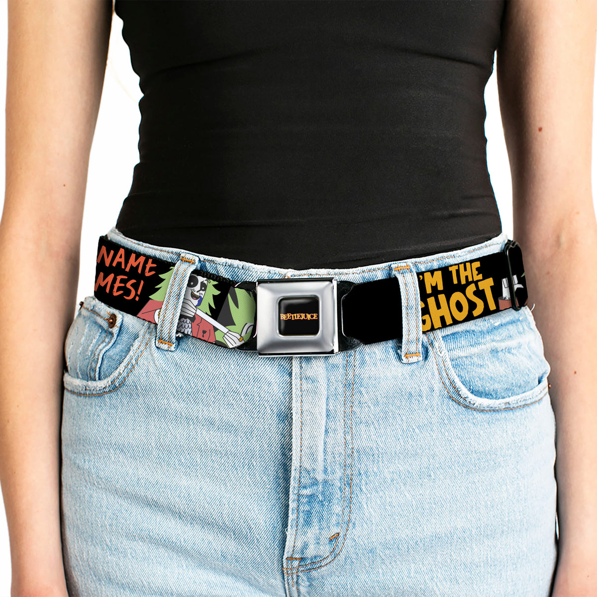 BEETLEJUICE Title Logo Full Color Black/Yellow Seatbelt Belt - BEETLEJUICE Cartoon Quotes and Scene Black/Multi Color Webbing Seatbelt Belts Beetlejuice