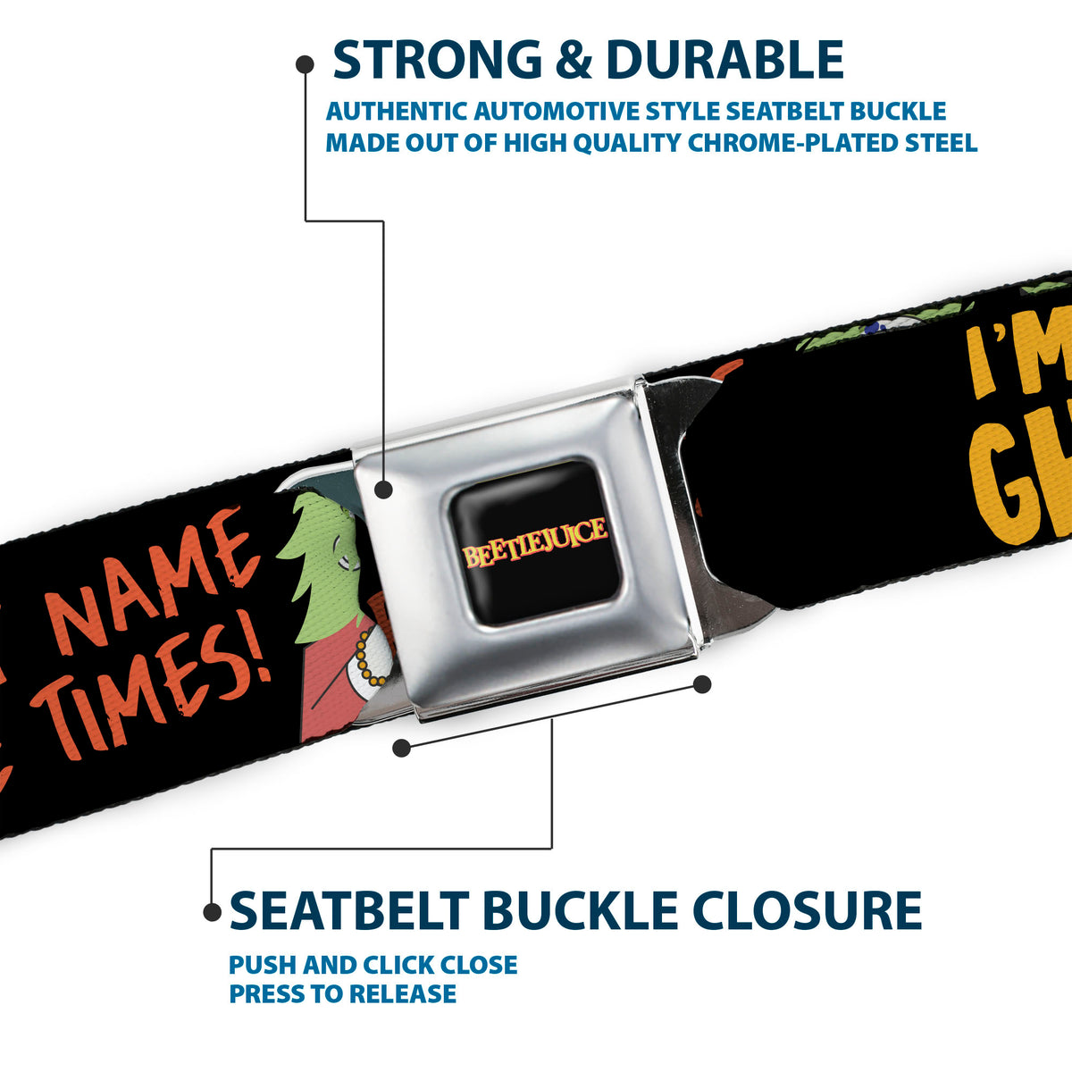 BEETLEJUICE Title Logo Full Color Black/Yellow Seatbelt Belt - BEETLEJUICE Cartoon Quotes and Scene Black/Multi Color Webbing Seatbelt Belts Beetlejuice