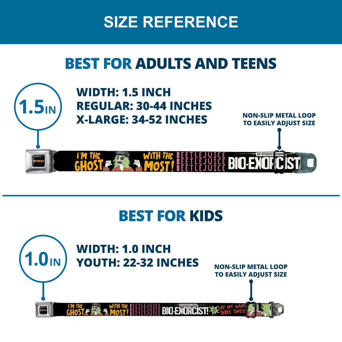 BEETLEJUICE Title Logo Full Color Black/Yellow Seatbelt Belt - BEETLEJUICE Cartoon Quotes and Scene Black/Multi Color Webbing Seatbelt Belts Beetlejuice