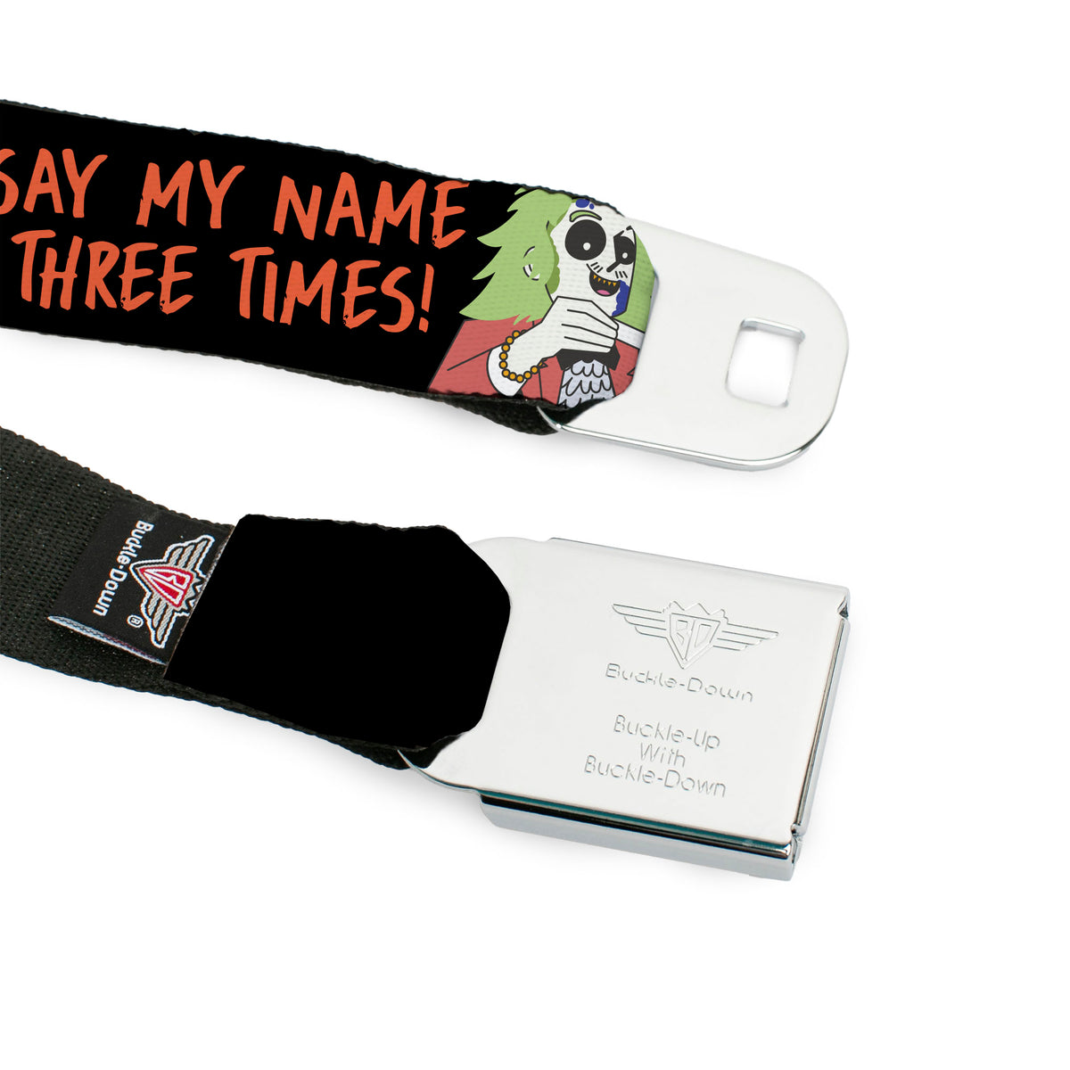 BEETLEJUICE Title Logo Full Color Black/Yellow Seatbelt Belt - BEETLEJUICE Cartoon Quotes and Scene Black/Multi Color Webbing Seatbelt Belts Beetlejuice