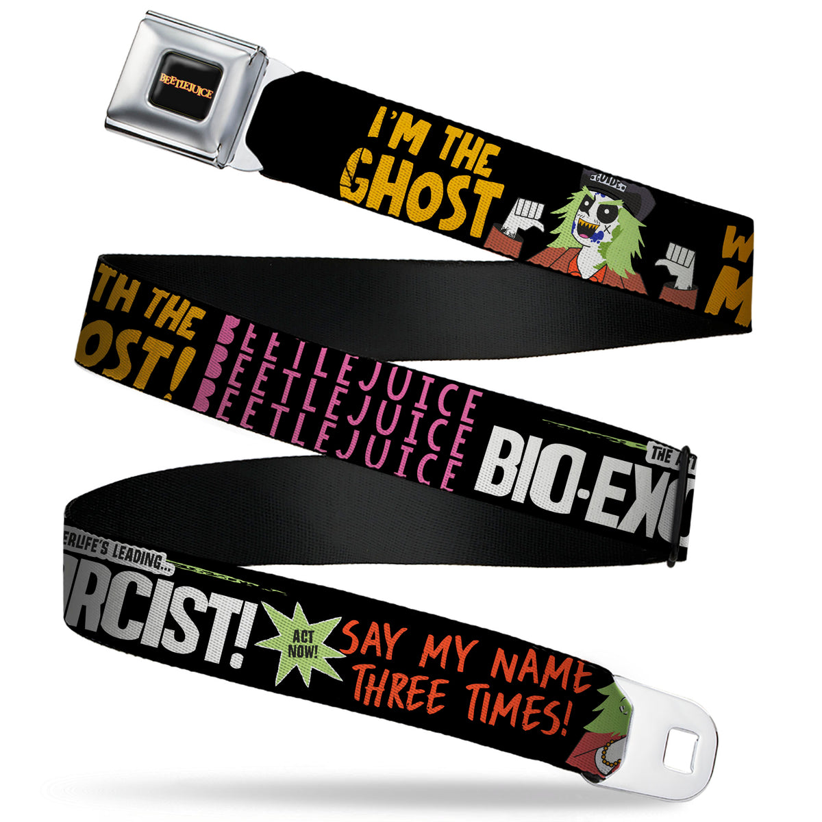 BEETLEJUICE Title Logo Full Color Black/Yellow Seatbelt Belt - BEETLEJUICE Cartoon Quotes and Scene Black/Multi Color Webbing Seatbelt Belts Beetlejuice