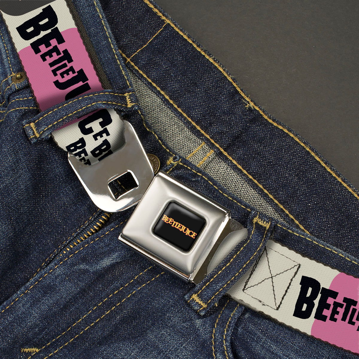 BEETLEJUICE Title Logo Full Color Black/Yellow Seatbelt Belt - BEETLEJUICE Pose and Sandworm Stripe White/Pink/Gray Webbing Seatbelt Belts Beetlejuice