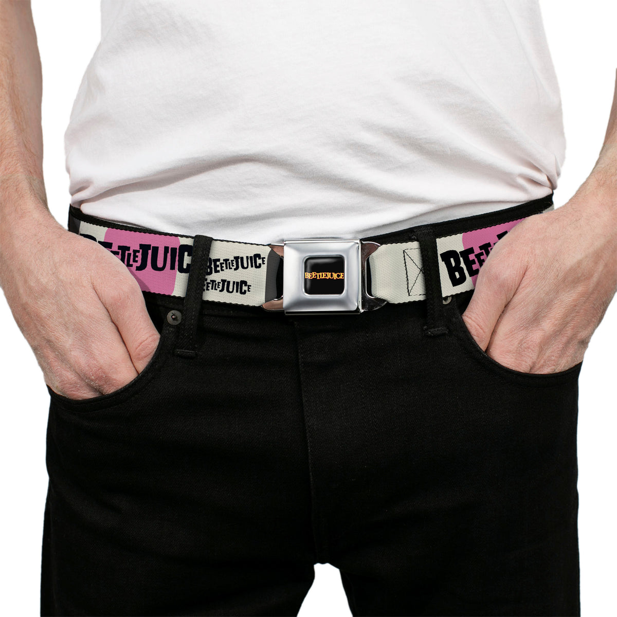 BEETLEJUICE Title Logo Full Color Black/Yellow Seatbelt Belt - BEETLEJUICE Pose and Sandworm Stripe White/Pink/Gray Webbing Seatbelt Belts Beetlejuice