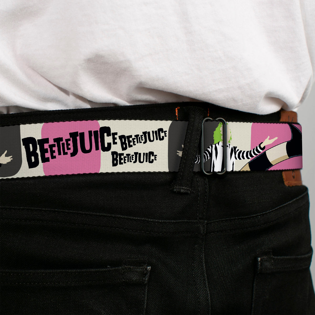 BEETLEJUICE Title Logo Full Color Black/Yellow Seatbelt Belt - BEETLEJUICE Pose and Sandworm Stripe White/Pink/Gray Webbing Seatbelt Belts Beetlejuice