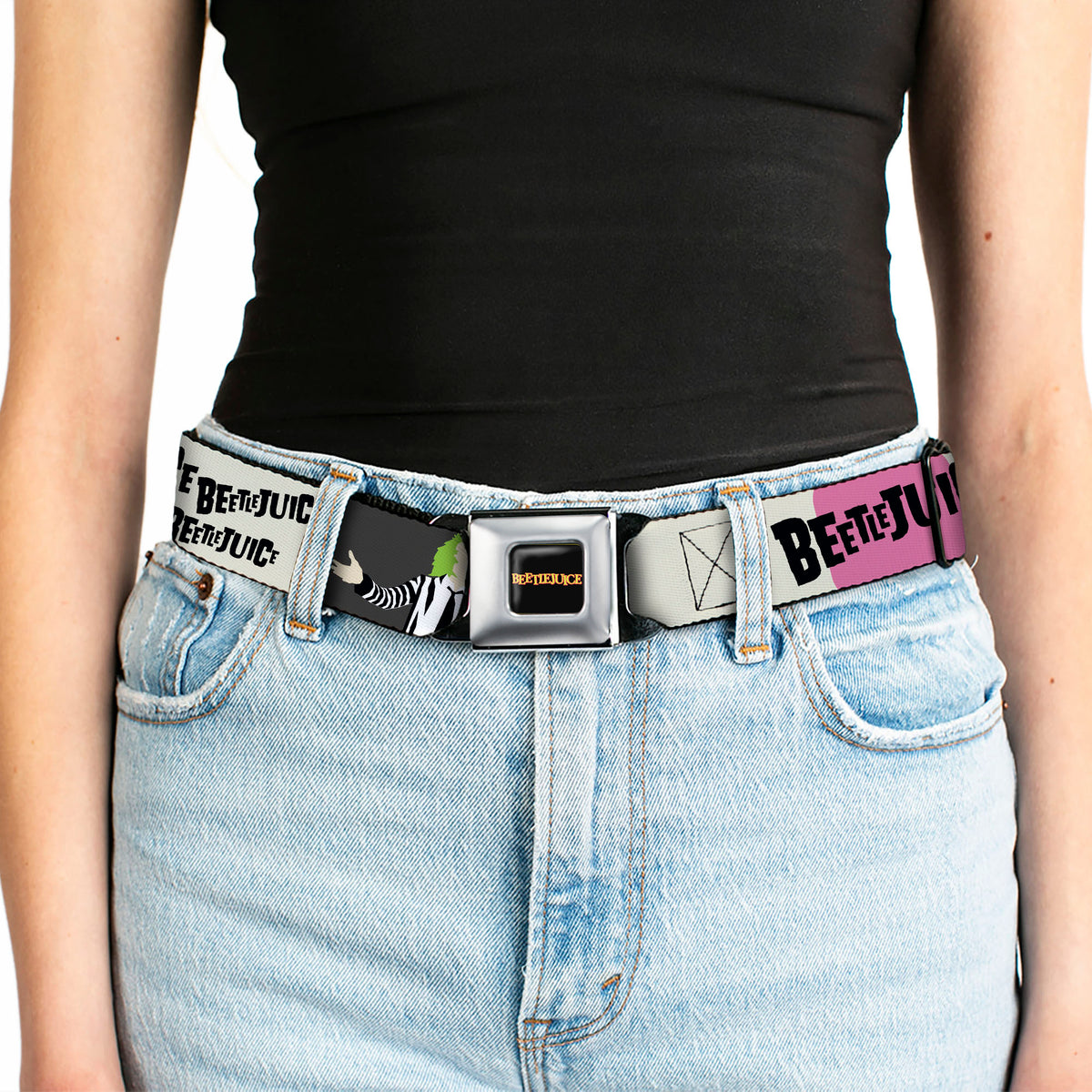 BEETLEJUICE Title Logo Full Color Black/Yellow Seatbelt Belt - BEETLEJUICE Pose and Sandworm Stripe White/Pink/Gray Webbing Seatbelt Belts Beetlejuice