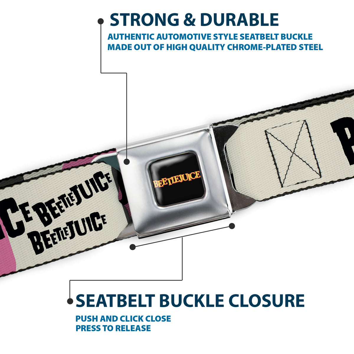BEETLEJUICE Title Logo Full Color Black/Yellow Seatbelt Belt - BEETLEJUICE Pose and Sandworm Stripe White/Pink/Gray Webbing Seatbelt Belts Beetlejuice