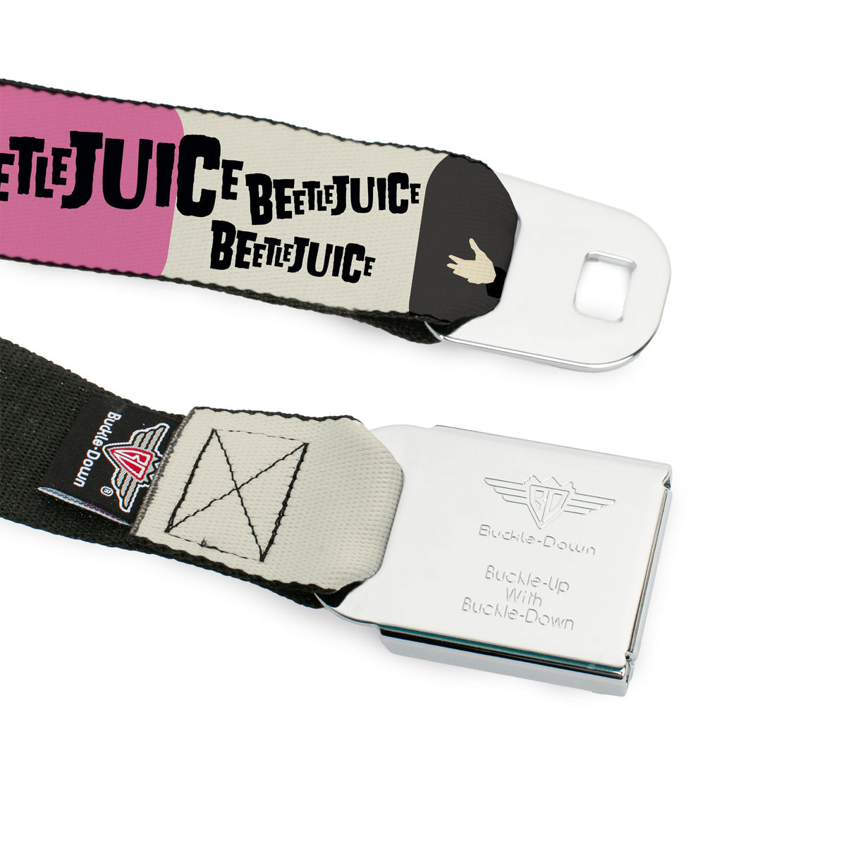 BEETLEJUICE Title Logo Full Color Black/Yellow Seatbelt Belt - BEETLEJUICE Pose and Sandworm Stripe White/Pink/Gray Webbing Seatbelt Belts Beetlejuice