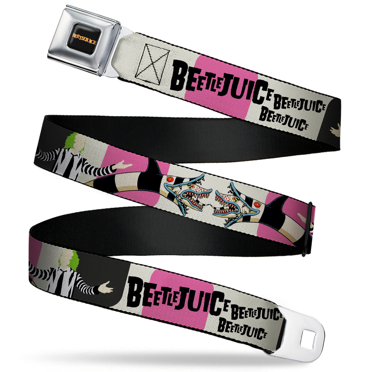 BEETLEJUICE Title Logo Full Color Black/Yellow Seatbelt Belt - BEETLEJUICE Pose and Sandworm Stripe White/Pink/Gray Webbing Seatbelt Belts Beetlejuice