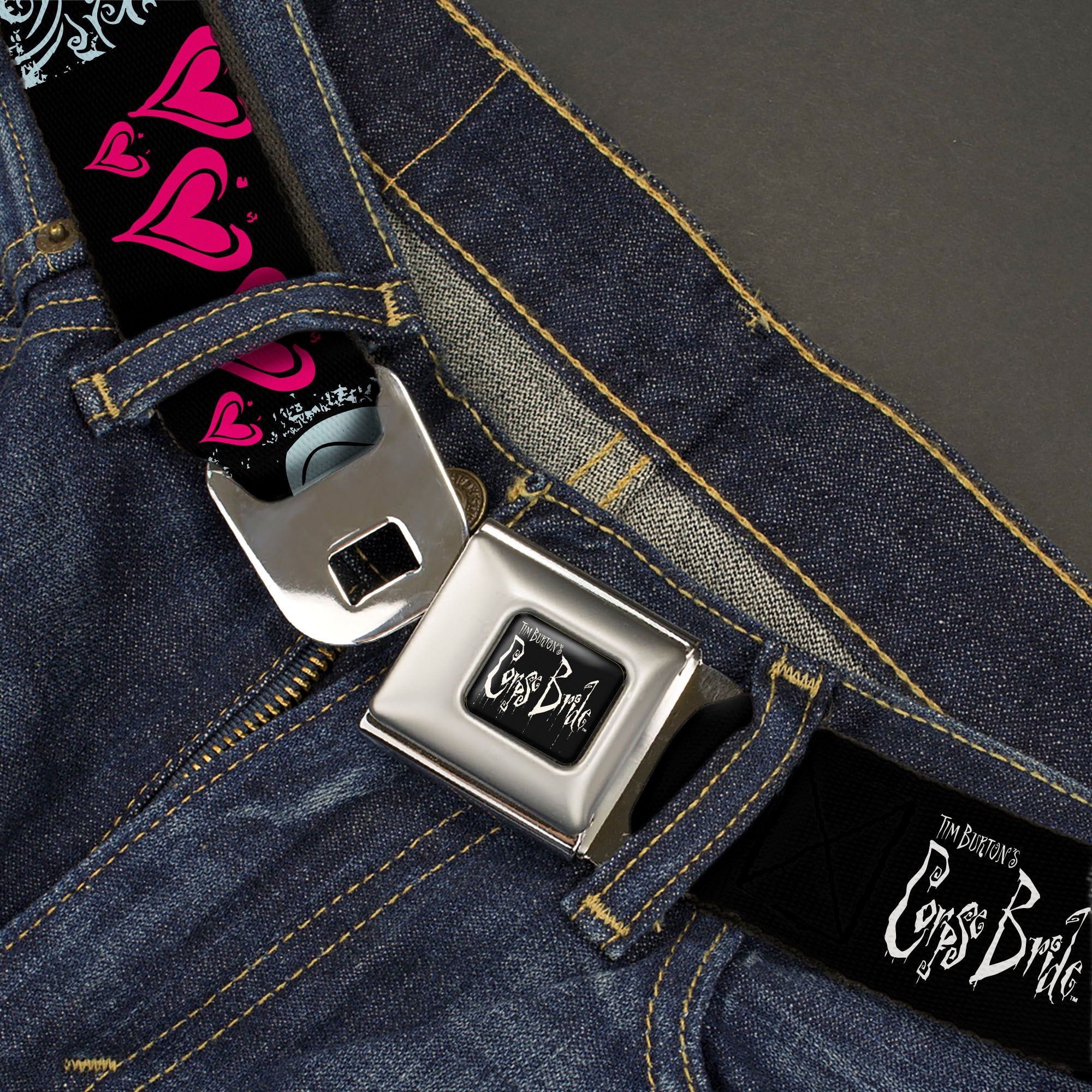CORPSE BRIDE Title Logo Full Color Black/White Seatbelt Belt - CORPSE BRIDE Emily Hearts and Skull Black/Gray/Pink Webbing Seatbelt Belts Corpse Bride