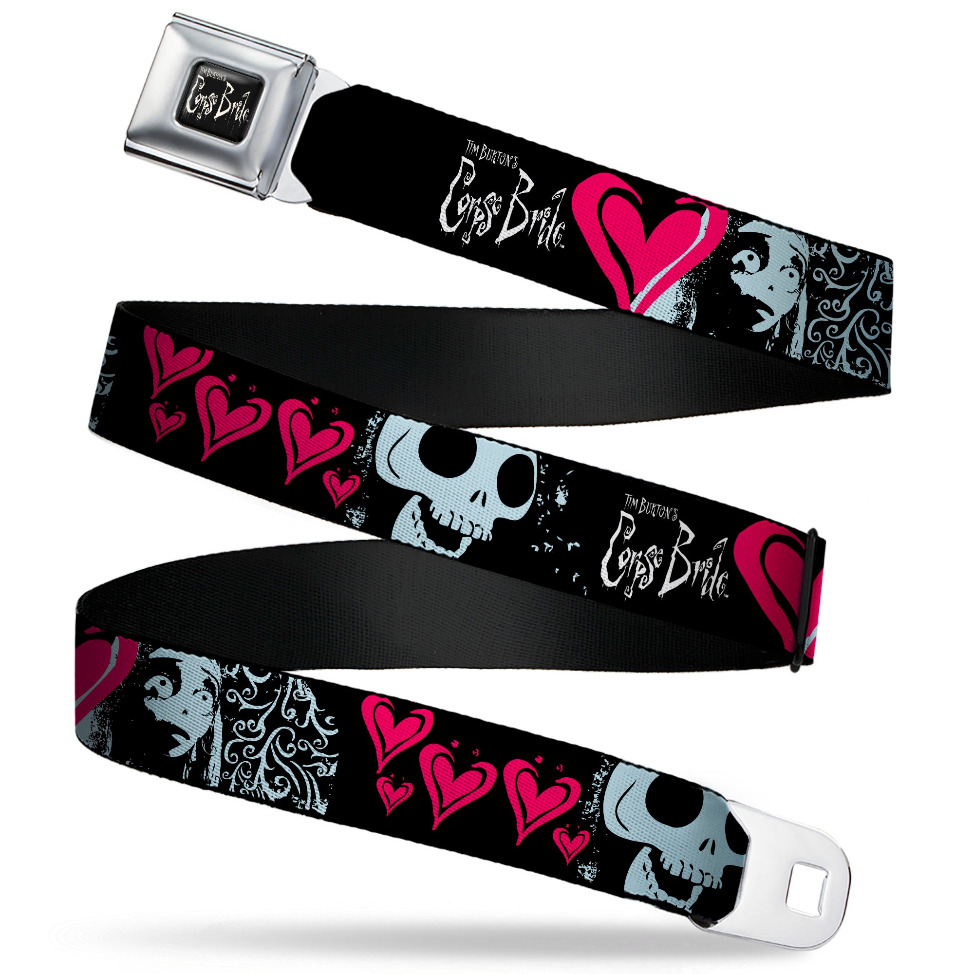 CORPSE BRIDE Title Logo Full Color Black/White Seatbelt Belt - CORPSE BRIDE Emily Hearts and Skull Black/Gray/Pink Webbing Seatbelt Belts Corpse Bride