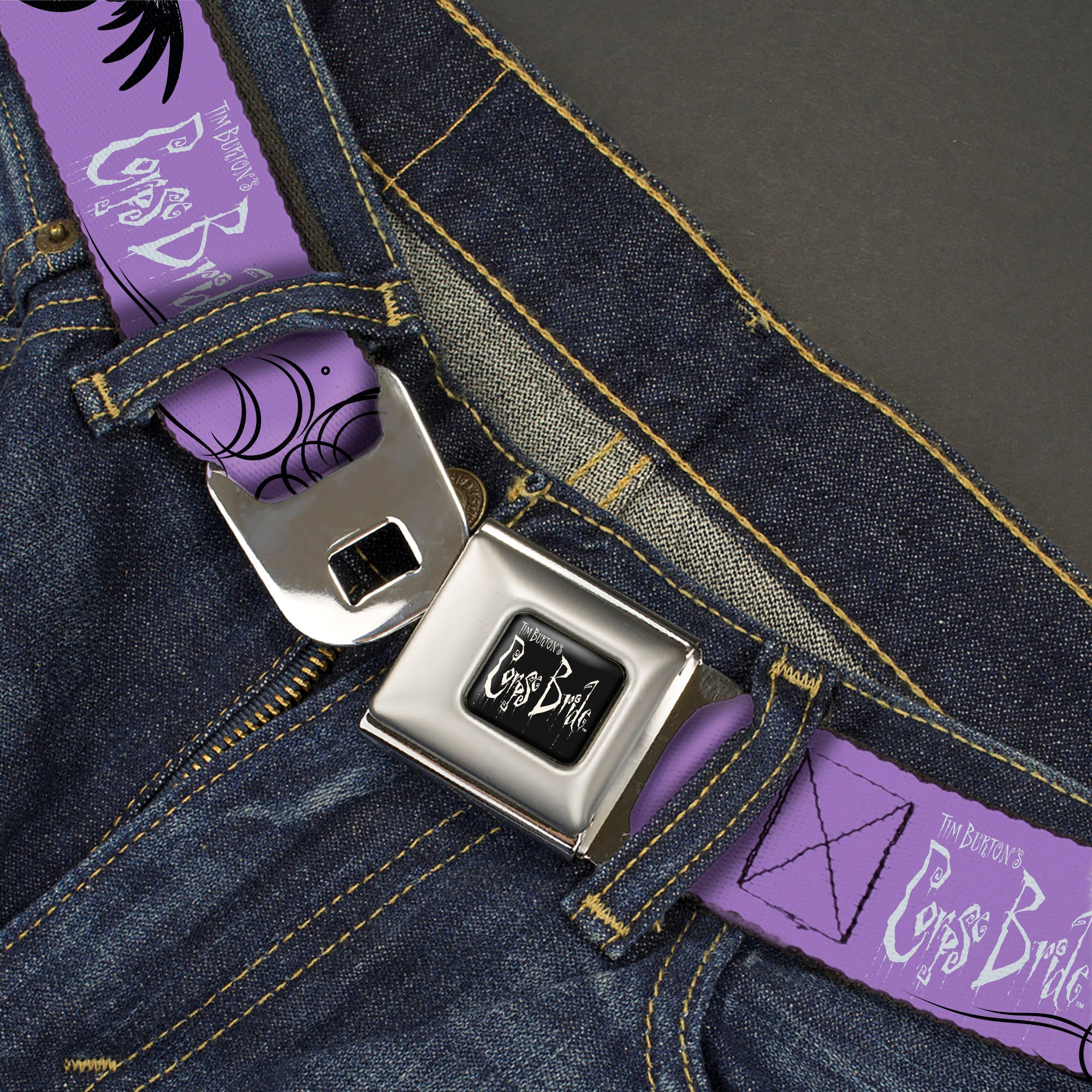 CORPSE BRIDE Title Logo Full Color Black/White Seatbelt Belt - CORPSE BRIDE Victor and Emily LIVING MARRY THE DEAD Pose Lavender/Black Webbing Seatbelt Belts Corpse Bride