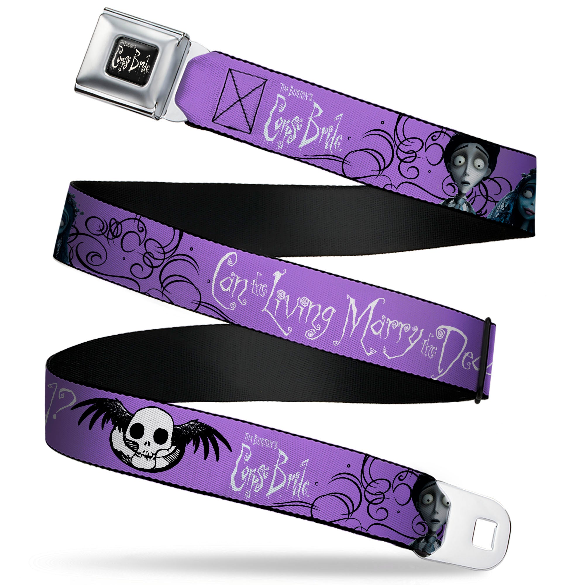 CORPSE BRIDE Title Logo Full Color Black/White Seatbelt Belt - CORPSE BRIDE Victor and Emily LIVING MARRY THE DEAD Pose Lavender/Black Webbing Seatbelt Belts Corpse Bride