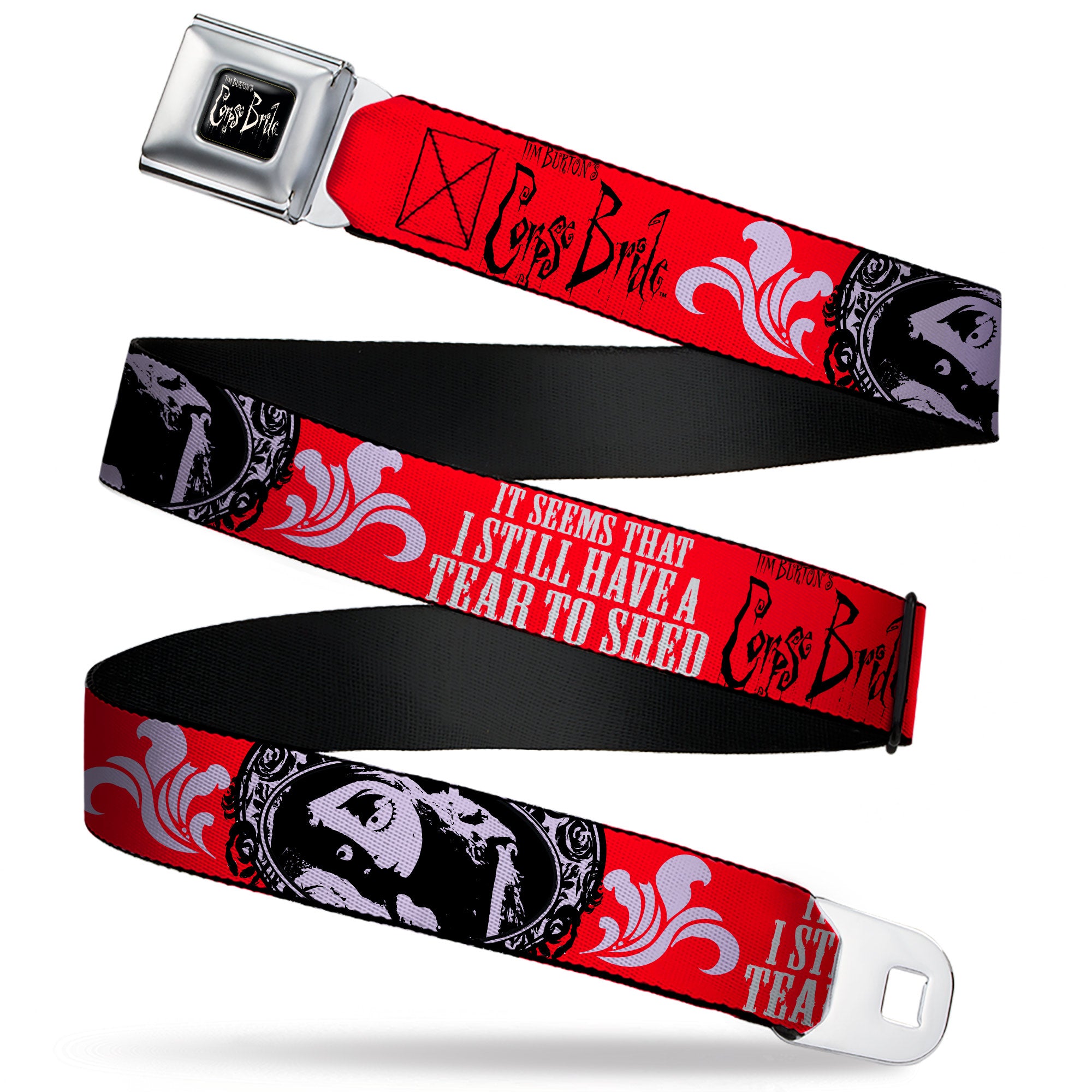 CORPSE BRIDE Title Logo Full Color Black/White Seatbelt Belt - CORPSE BRIDE Emily TEAR TO SHED Pose Red/White/Black Webbing Seatbelt Belts Corpse Bride