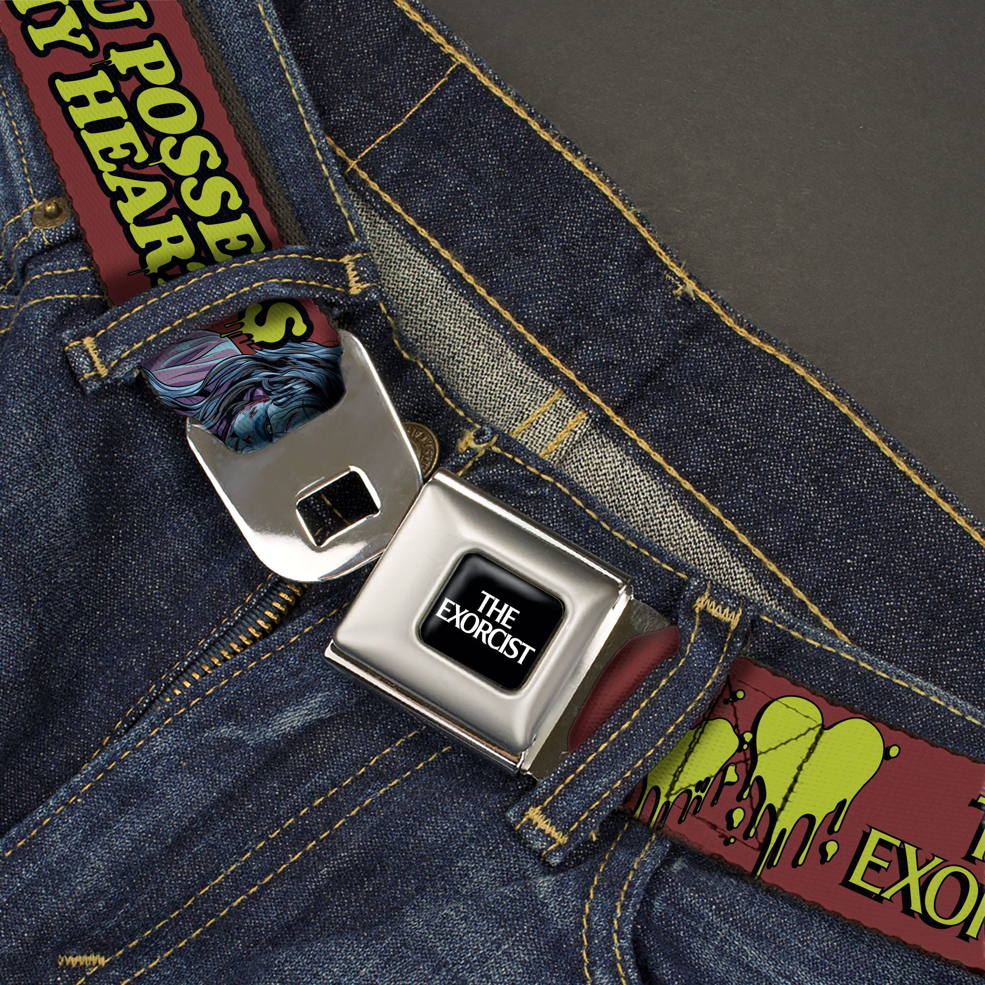 THE EXORCIST Title Logo Full Color Black/White Seatbelt Belt - THE EXORCIST Regan YOU POSSESS MY HEART Pose Red/Yellow Webbing
