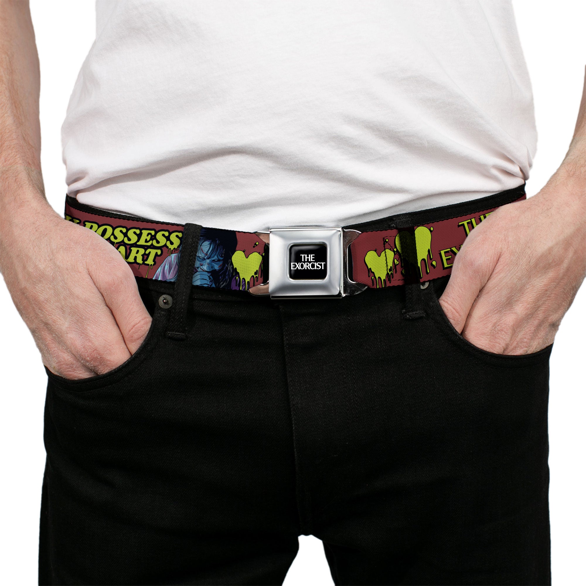 THE EXORCIST Title Logo Full Color Black/White Seatbelt Belt - THE EXORCIST Regan YOU POSSESS MY HEART Pose Red/Yellow Webbing