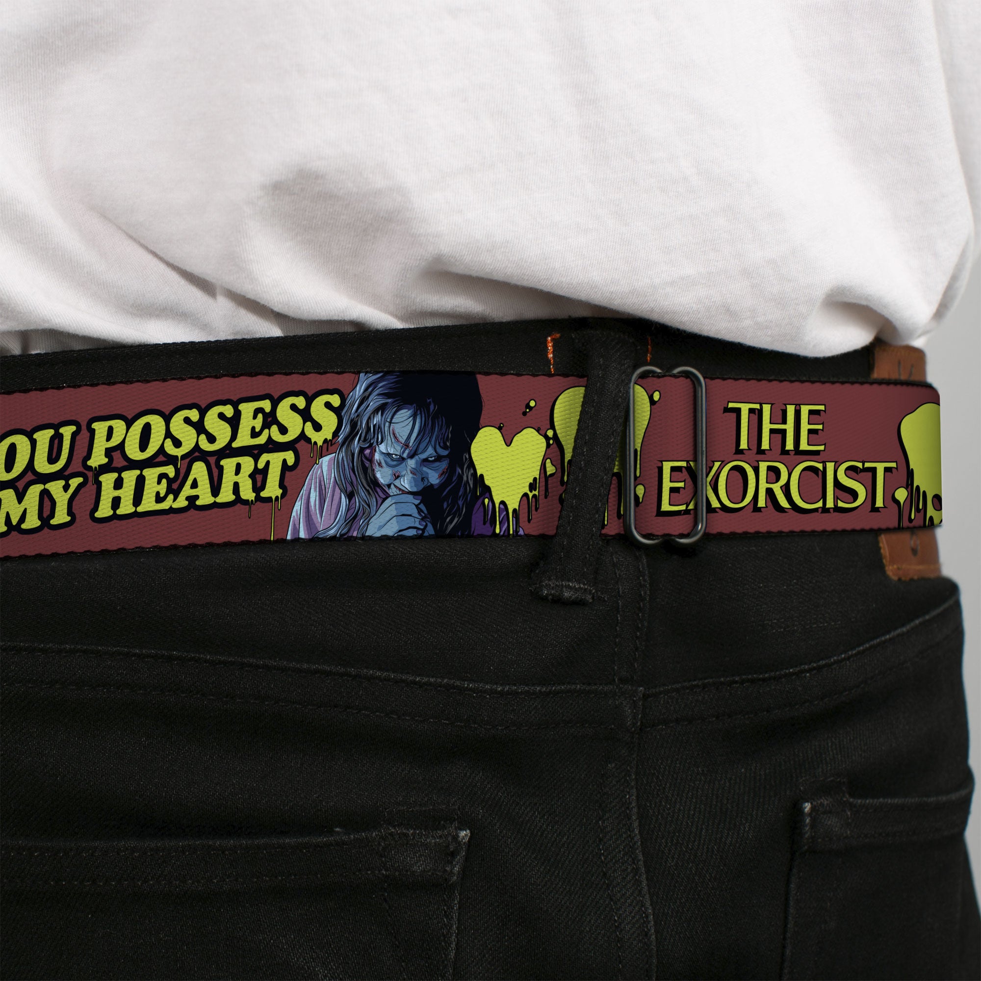 THE EXORCIST Title Logo Full Color Black/White Seatbelt Belt - THE EXORCIST Regan YOU POSSESS MY HEART Pose Red/Yellow Webbing