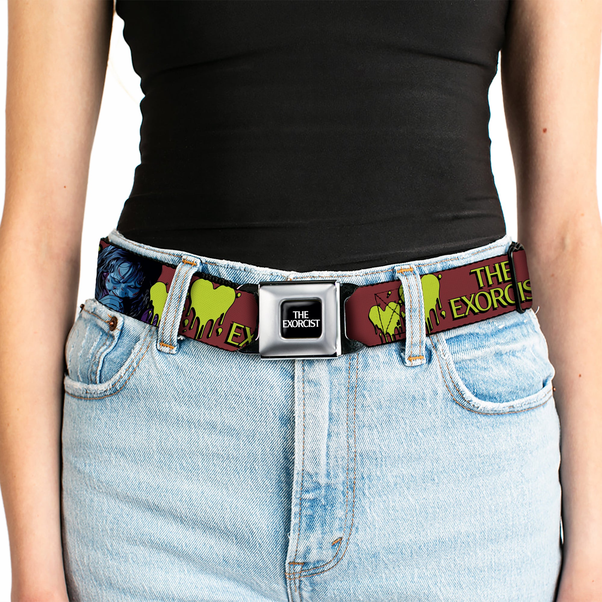 THE EXORCIST Title Logo Full Color Black/White Seatbelt Belt - THE EXORCIST Regan YOU POSSESS MY HEART Pose Red/Yellow Webbing
