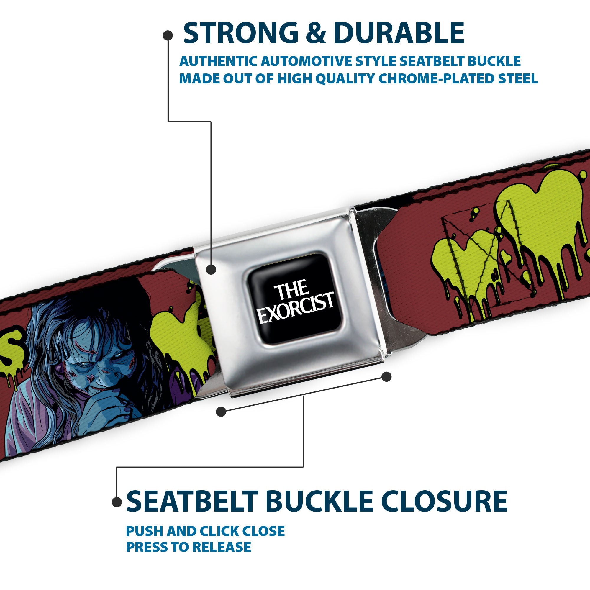 THE EXORCIST Title Logo Full Color Black/White Seatbelt Belt - THE EXORCIST Regan YOU POSSESS MY HEART Pose Red/Yellow Webbing