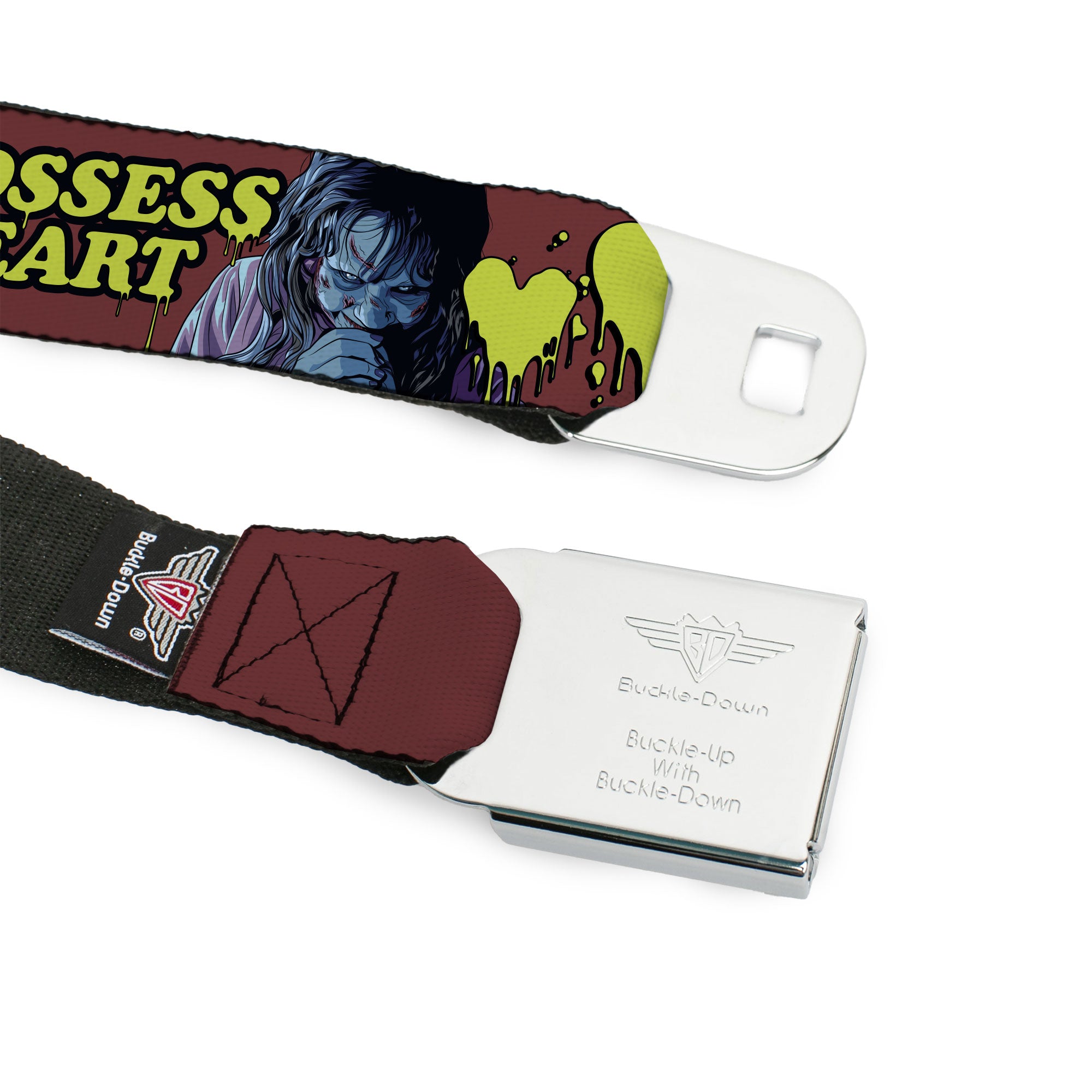 THE EXORCIST Title Logo Full Color Black/White Seatbelt Belt - THE EXORCIST Regan YOU POSSESS MY HEART Pose Red/Yellow Webbing
