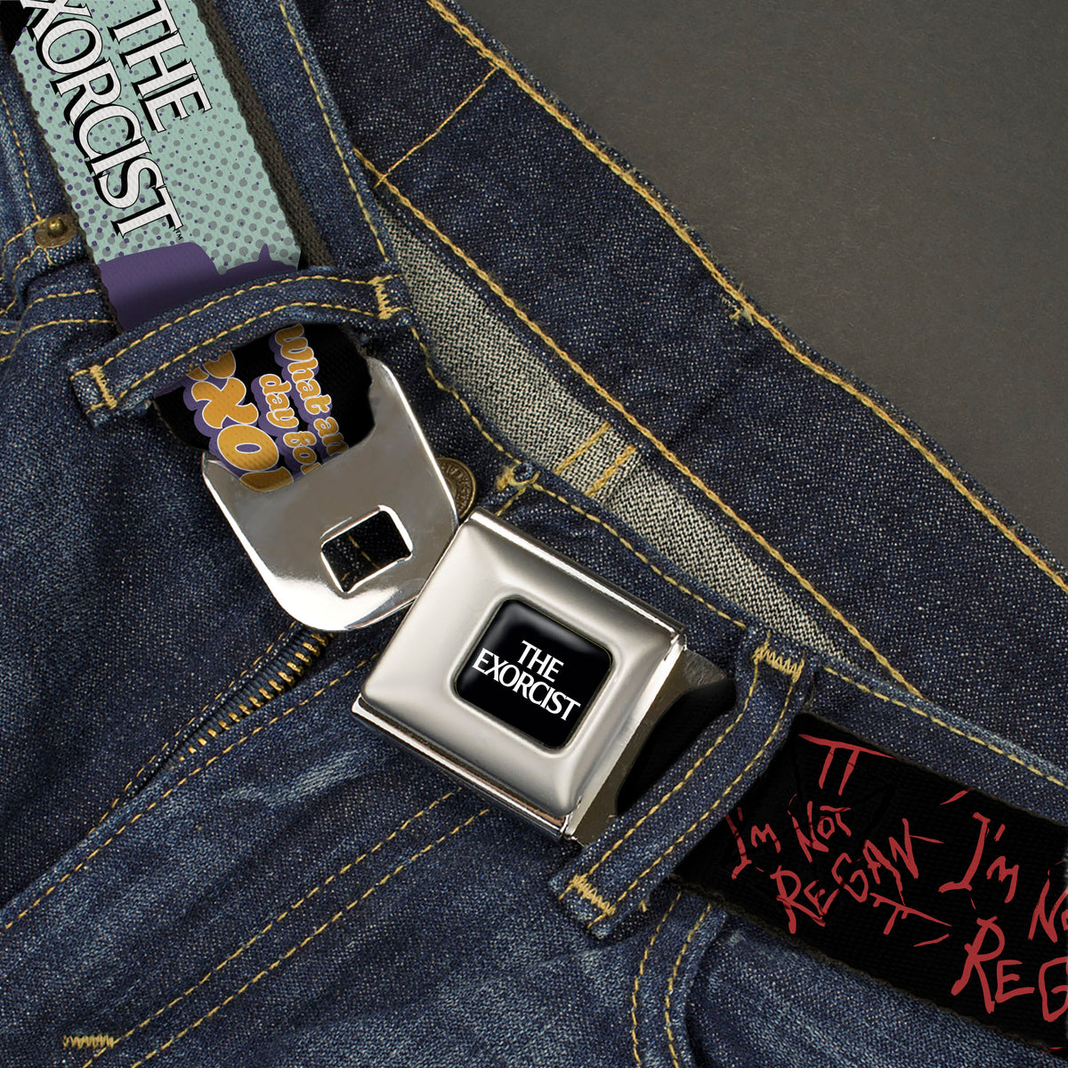 THE EXORCIST Title Logo Full Color Black/White Seatbelt Belt - THE EXORCIST Regan Pop Art EXCELLENT DAY FOR AN EXORCISM Pose Webbing Seatbelt Belts The Exorcist