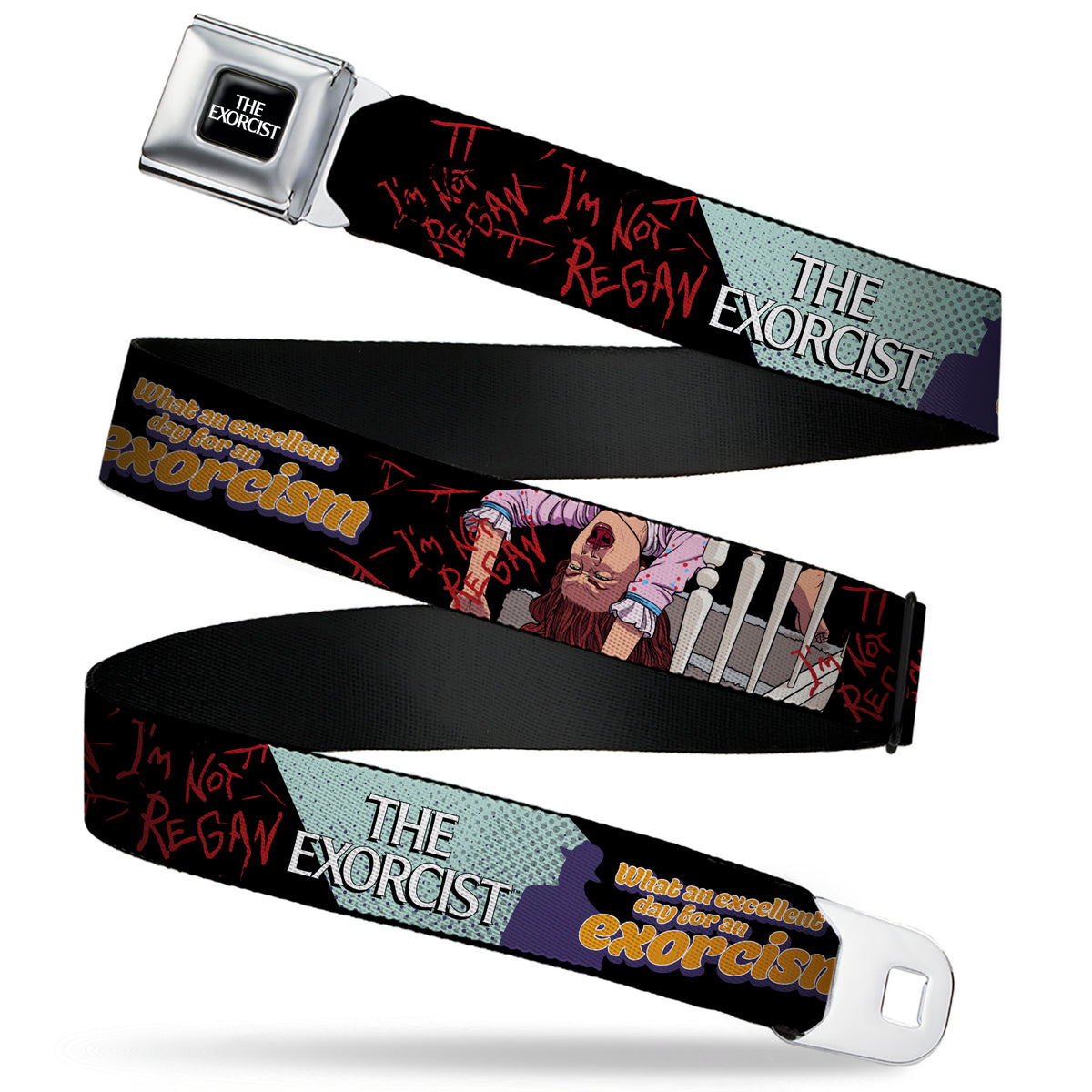THE EXORCIST Title Logo Full Color Black/White Seatbelt Belt - THE EXORCIST Regan Pop Art EXCELLENT DAY FOR AN EXORCISM Pose Webbing Seatbelt Belts The Exorcist