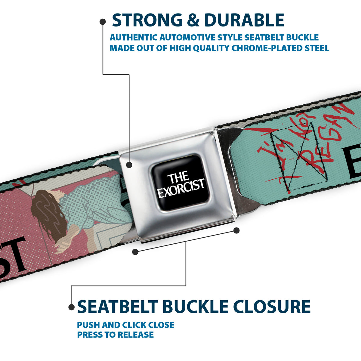 THE EXORCIST Title Logo Full Color Black/White Seatbelt Belt - THE EXORCIST I'M NOT REGAN Elevation Pose and Face Pop Art Webbing Seatbelt Belts The Exorcist
