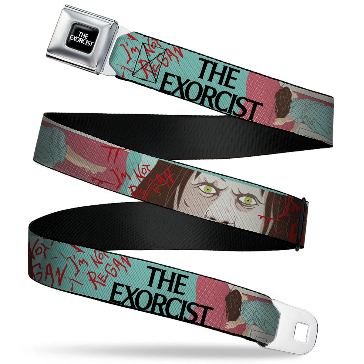 THE EXORCIST Title Logo Full Color Black/White Seatbelt Belt - THE EXORCIST I'M NOT REGAN Elevation Pose and Face Pop Art Webbing Seatbelt Belts The Exorcist