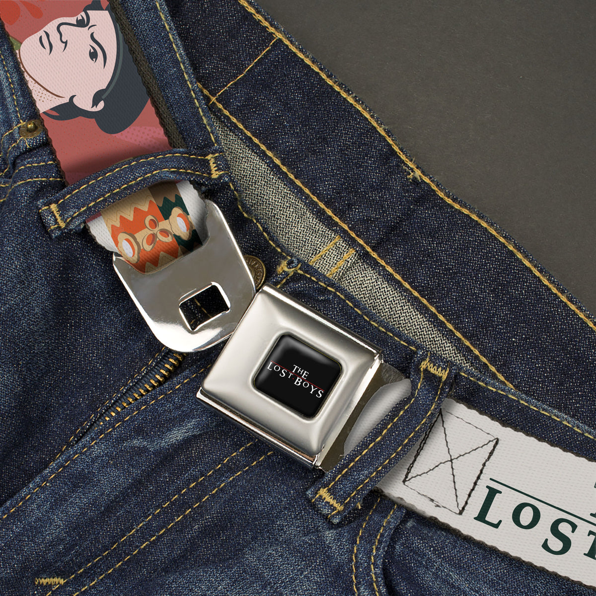 THE LOST BOYS Title Logo Full Color Black/White Seatbelt Belt - THE LOST BOYS Edgar and Alan Pop Art Icons Collage White Webbing Seatbelt Belts The Lost Boys