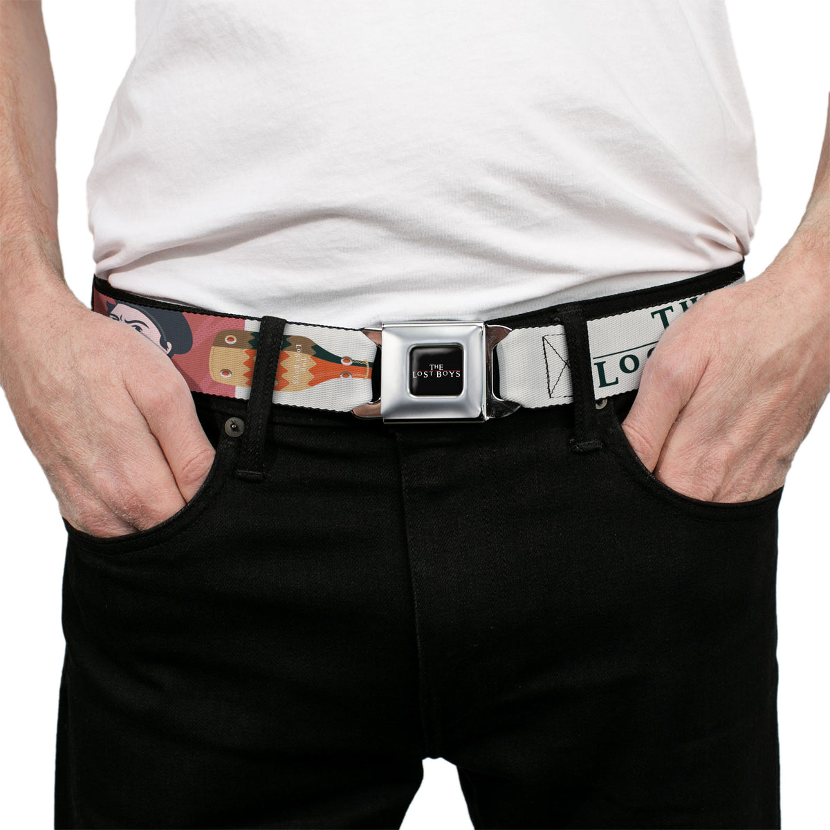 THE LOST BOYS Title Logo Full Color Black/White Seatbelt Belt - THE LOST BOYS Edgar and Alan Pop Art Icons Collage White Webbing Seatbelt Belts The Lost Boys