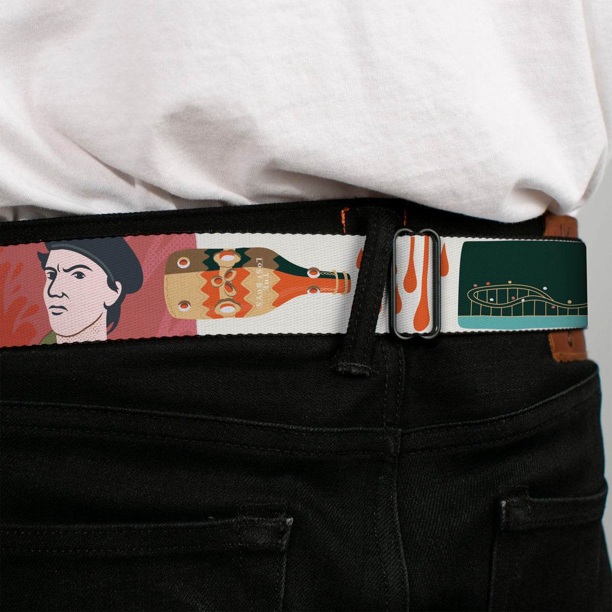 THE LOST BOYS Title Logo Full Color Black/White Seatbelt Belt - THE LOST BOYS Edgar and Alan Pop Art Icons Collage White Webbing Seatbelt Belts The Lost Boys
