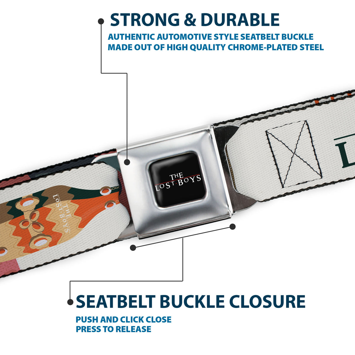 THE LOST BOYS Title Logo Full Color Black/White Seatbelt Belt - THE LOST BOYS Edgar and Alan Pop Art Icons Collage White Webbing Seatbelt Belts The Lost Boys