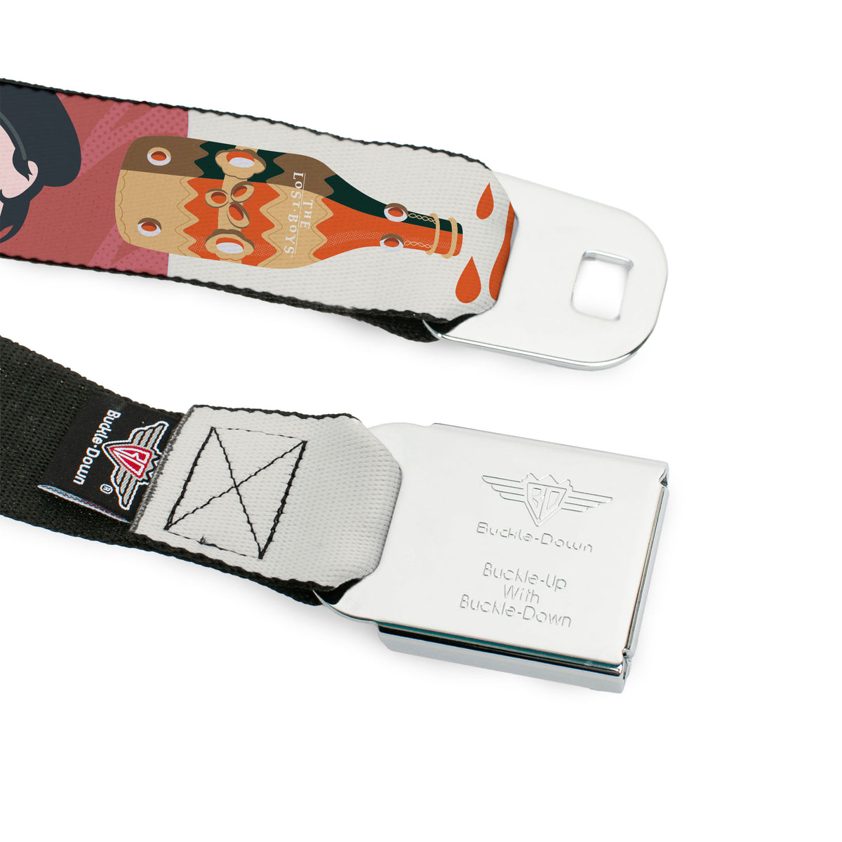 THE LOST BOYS Title Logo Full Color Black/White Seatbelt Belt - THE LOST BOYS Edgar and Alan Pop Art Icons Collage White Webbing Seatbelt Belts The Lost Boys