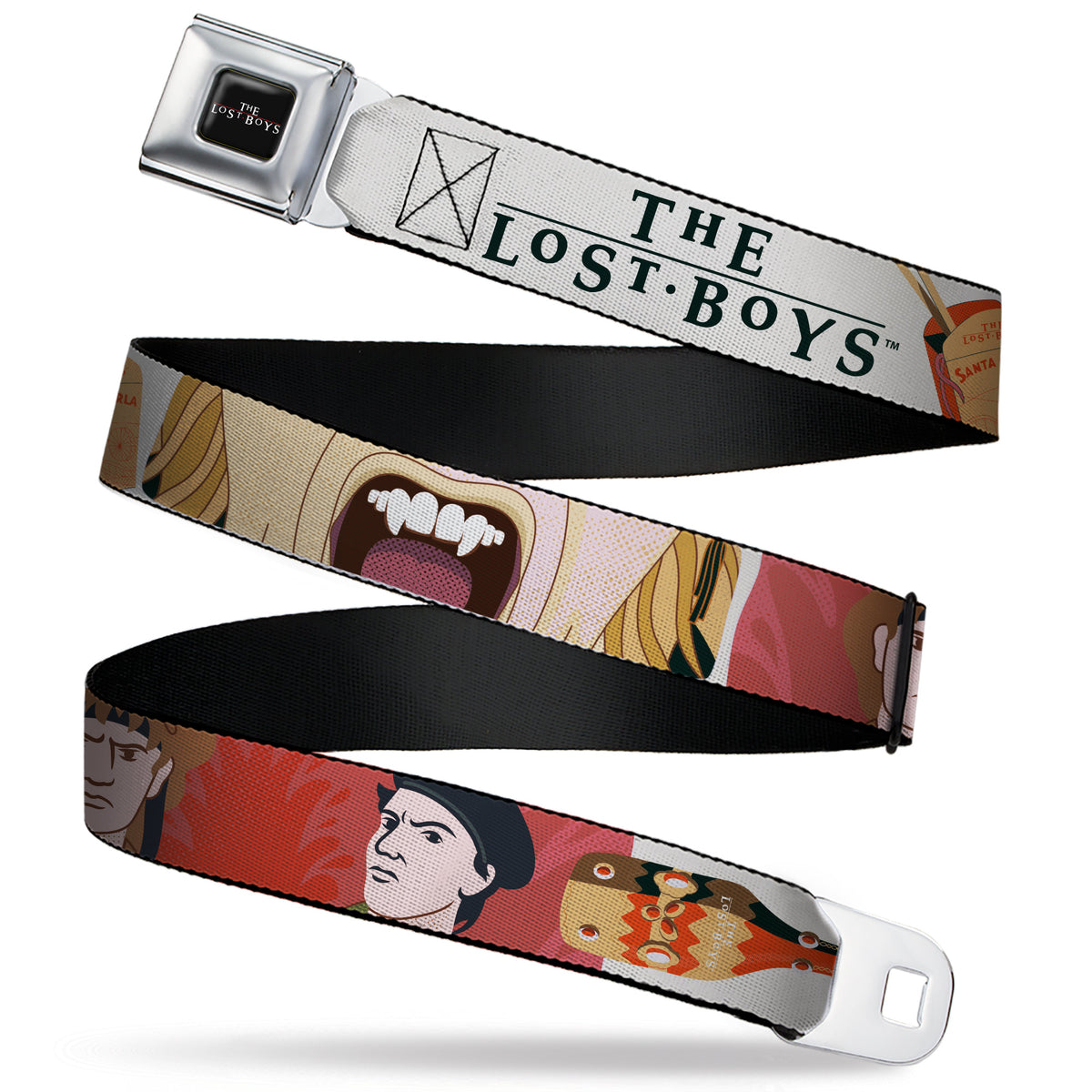 THE LOST BOYS Title Logo Full Color Black/White Seatbelt Belt - THE LOST BOYS Edgar and Alan Pop Art Icons Collage White Webbing Seatbelt Belts The Lost Boys