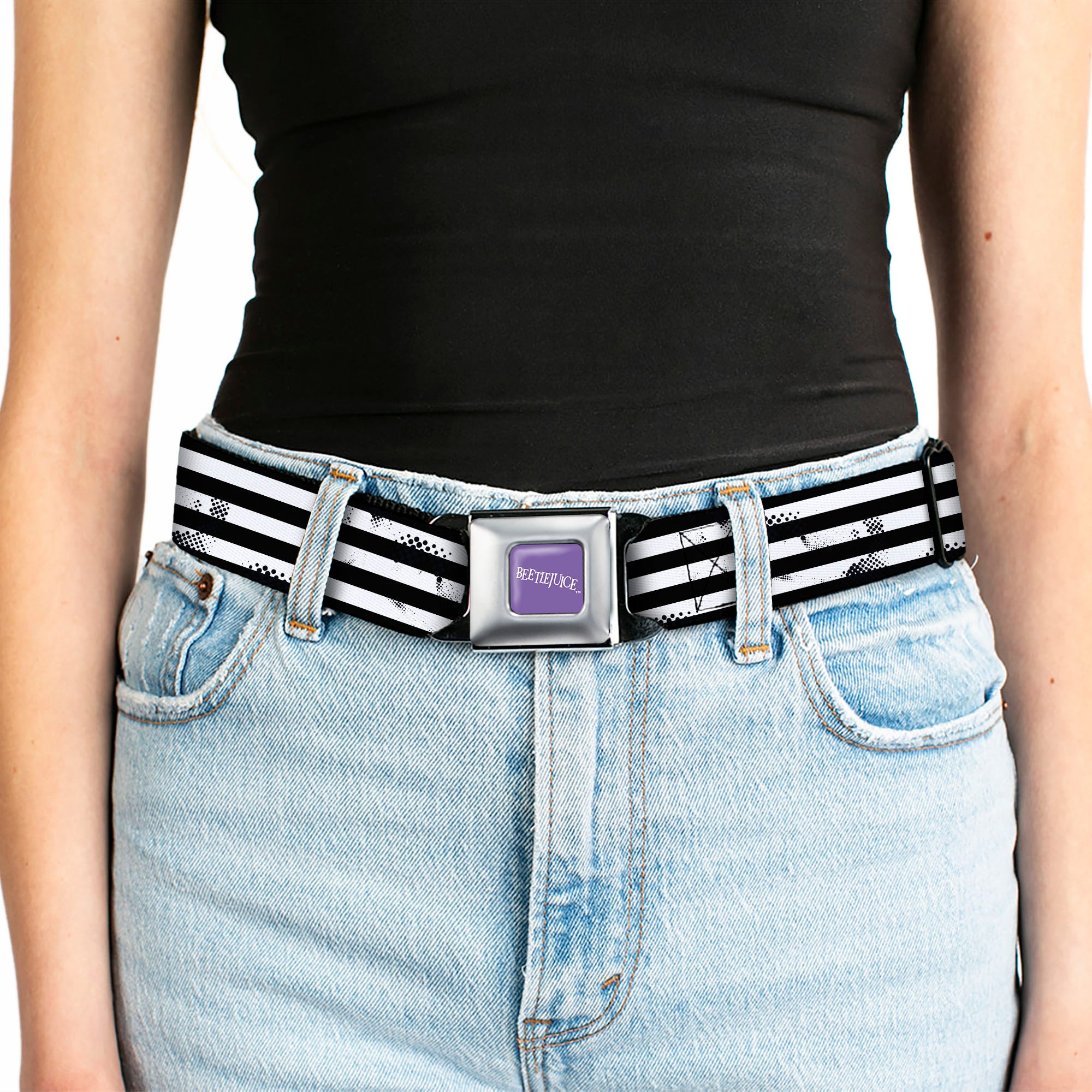 BEETLEJUICE Text Logo Full Color Purple/White Seatbelt Belt - Beetlejuice Suit Striping Black/White Webbing Seatbelt Belts Beetlejuice
