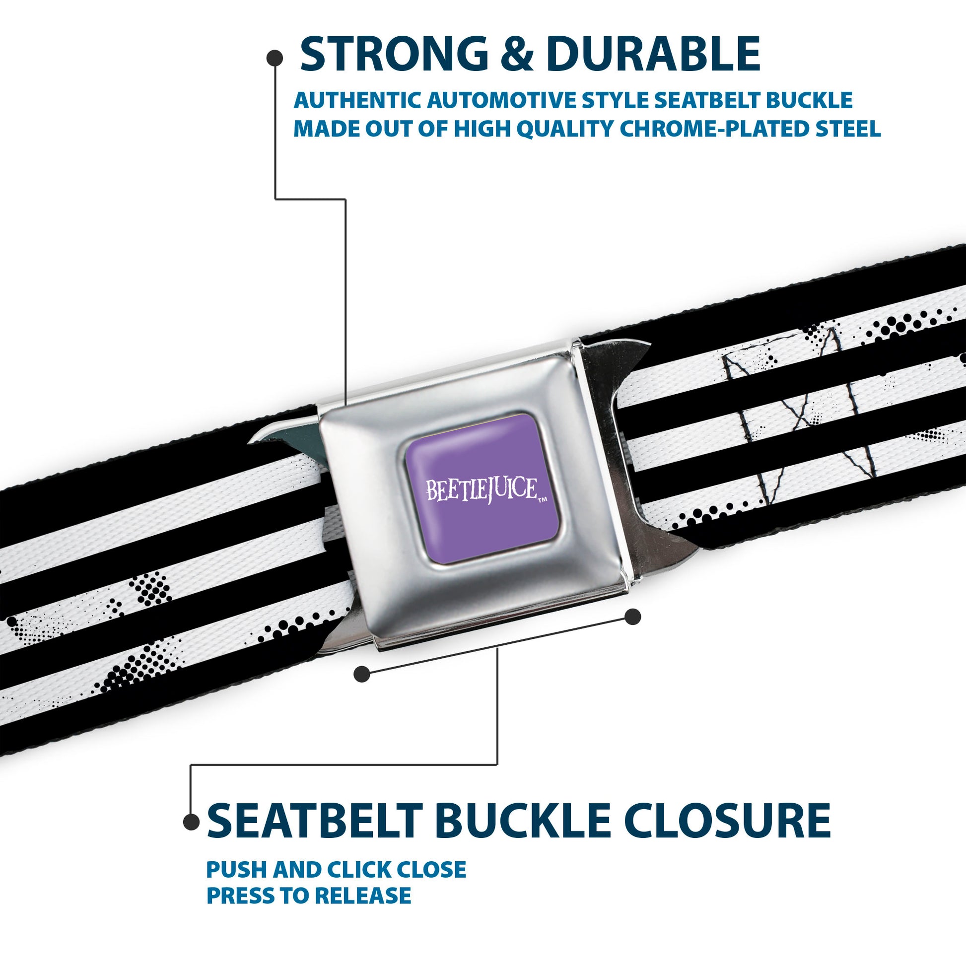 BEETLEJUICE Text Logo Full Color Purple/White Seatbelt Belt - Beetlejuice Suit Striping Black/White Webbing Seatbelt Belts Beetlejuice