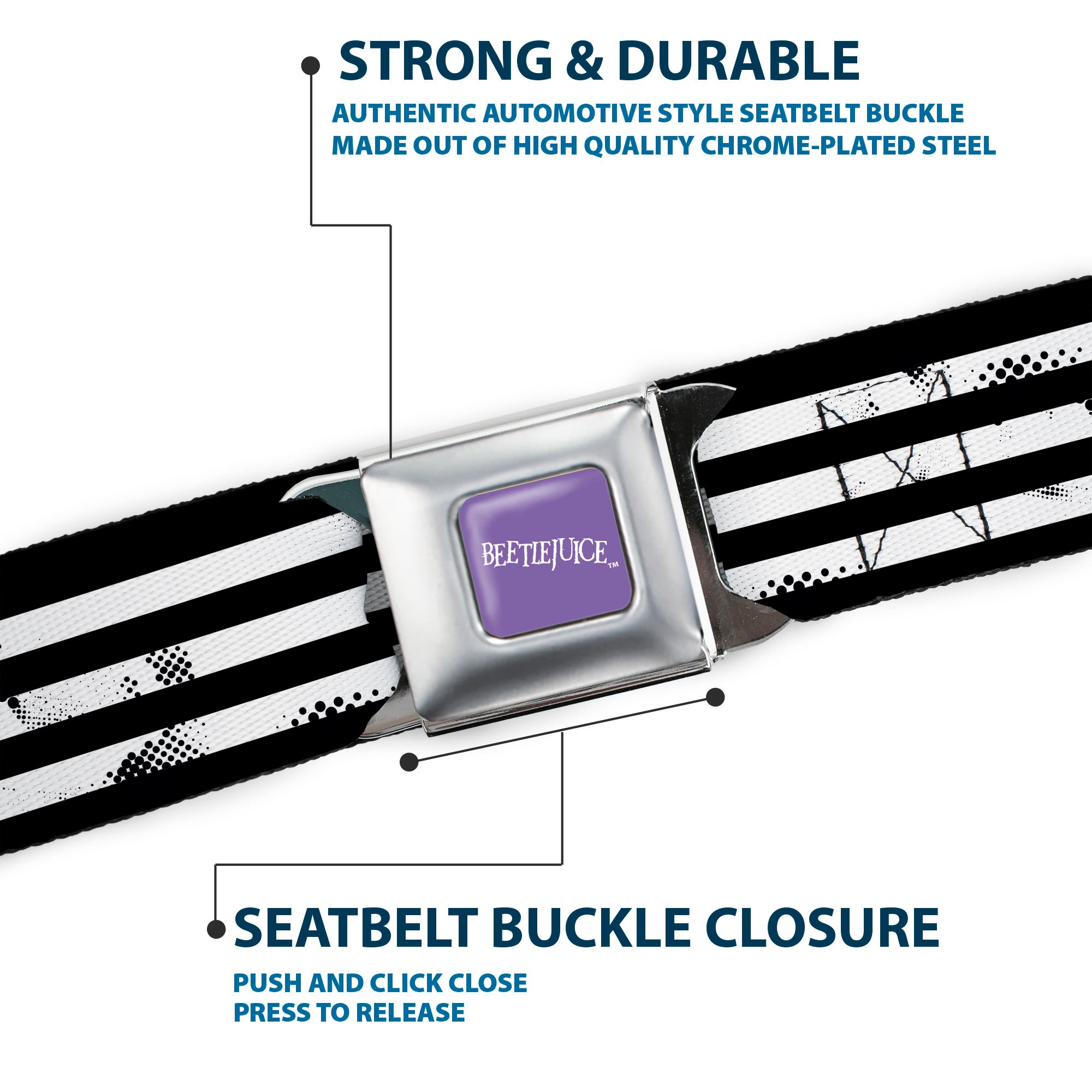 BEETLEJUICE Text Logo Full Color Purple/White Seatbelt Belt - Beetlejuice Suit Striping Black/White Webbing Seatbelt Belts Beetlejuice