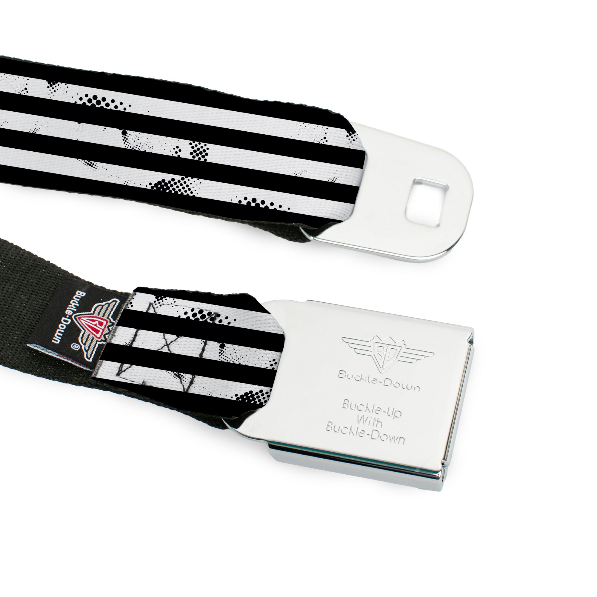 BEETLEJUICE Text Logo Full Color Purple/White Seatbelt Belt - Beetlejuice Suit Striping Black/White Webbing Seatbelt Belts Beetlejuice