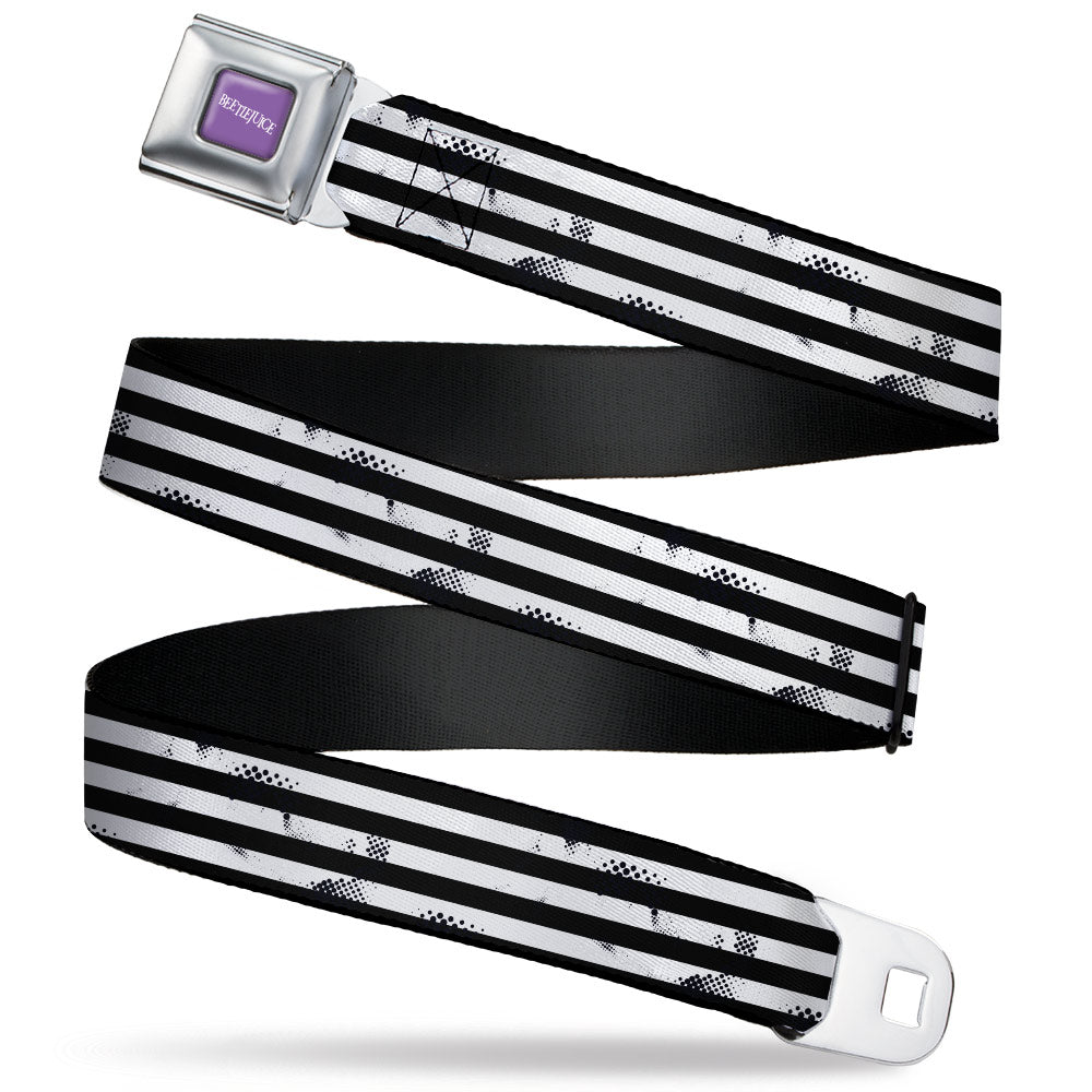 BEETLEJUICE Text Logo Full Color Purple/White Seatbelt Belt - Beetlejuice Suit Striping Black/White Webbing Seatbelt Belts Beetlejuice