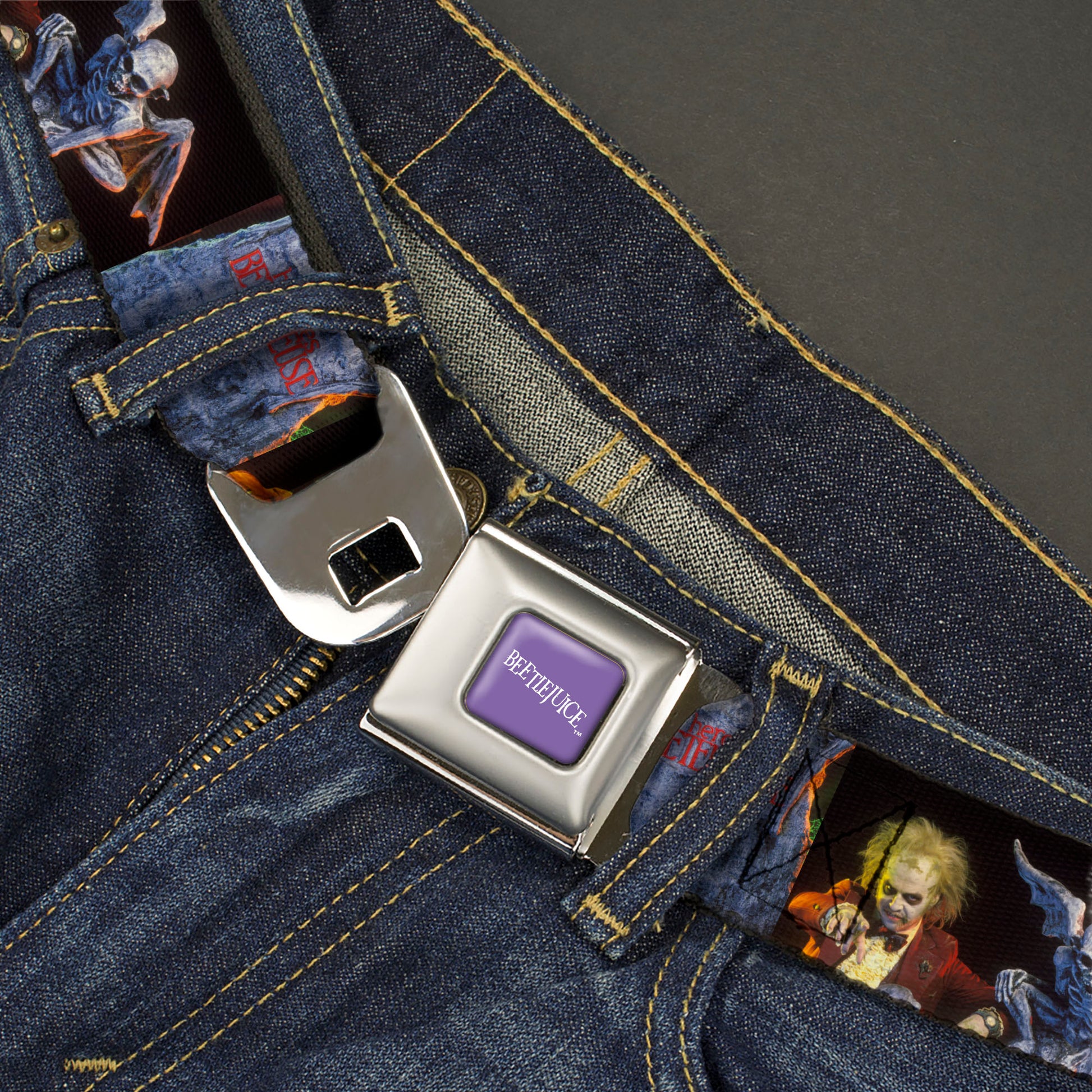 BEETLEJUICE Text Logo Full Color Purple/White Seatbelt Belt - Beetlejuice Graveyard Gargoyle Pose Black Webbing Seatbelt Belts Beetlejuice