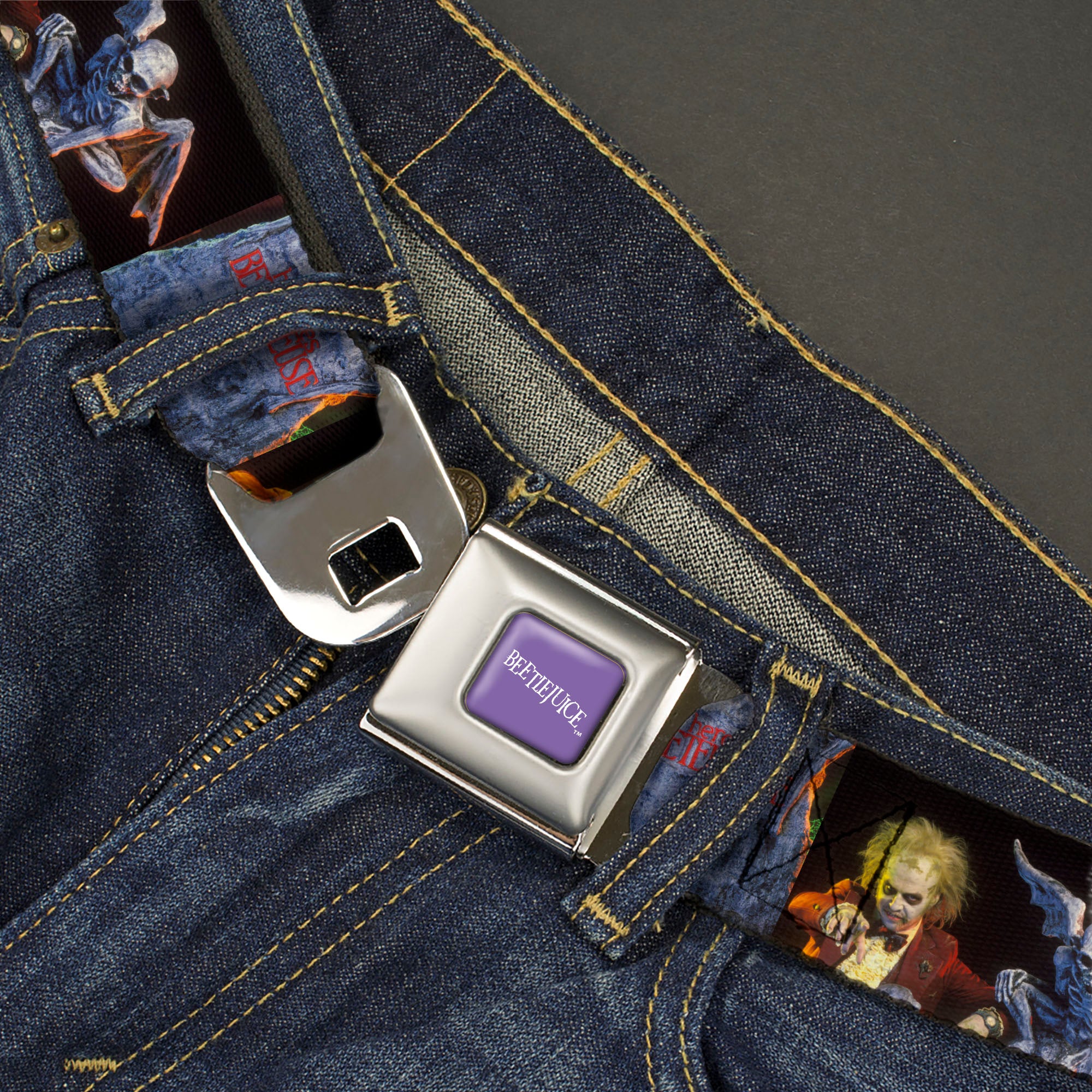 BEETLEJUICE Text Logo Full Color Purple/White Seatbelt Belt - Beetlejuice Graveyard Gargoyle Pose Black Webbing Seatbelt Belts Beetlejuice